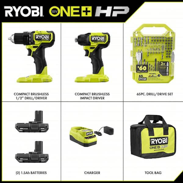 Ryobi PSBCK01K-A986501 One+ HP 18V Brushless Cordless Compact 2-Tool Combo Kit w/Drill, Impact Driver, Batteries, Charger, Bag, & 65pc Bit Set