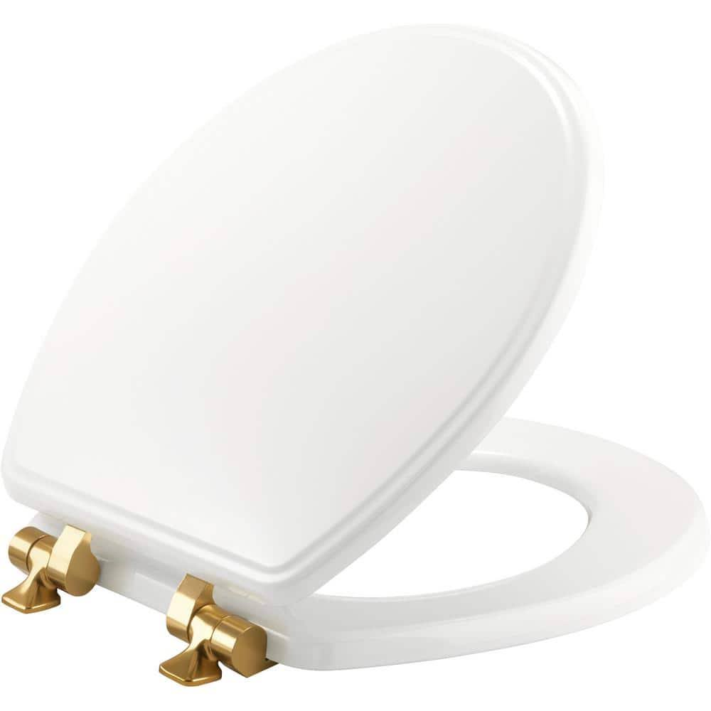 Bemis Weston Soft Close Round Enameled Wood Closed Front Toilet Seat in White Never Loosens Brushed Gold Hinge