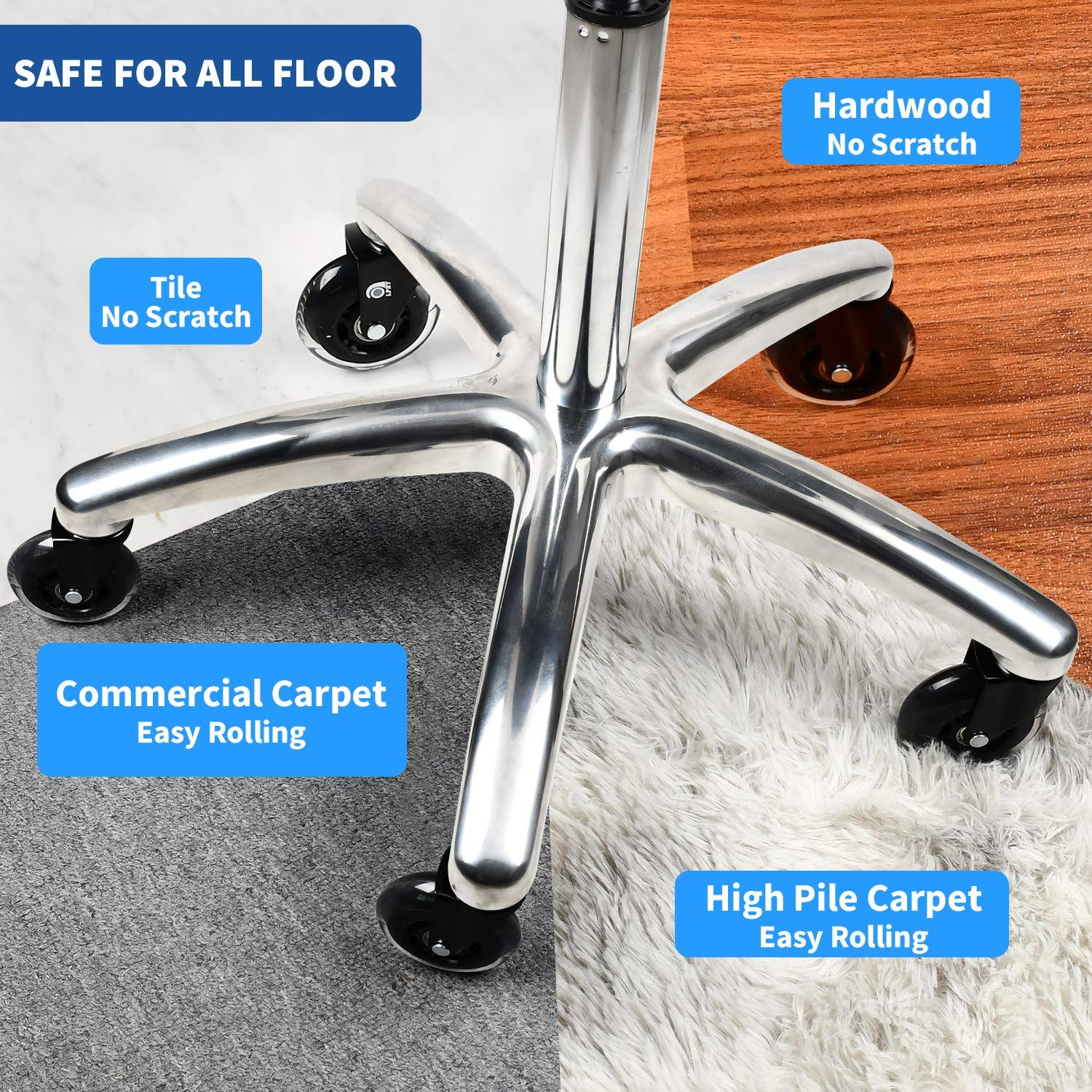 YSSOA Office Chair Wheels(Set of 5)3 Rubber Chair Casters Wheel Replacement- Safe for All Floors Including Hardwood- Universal Stem, White