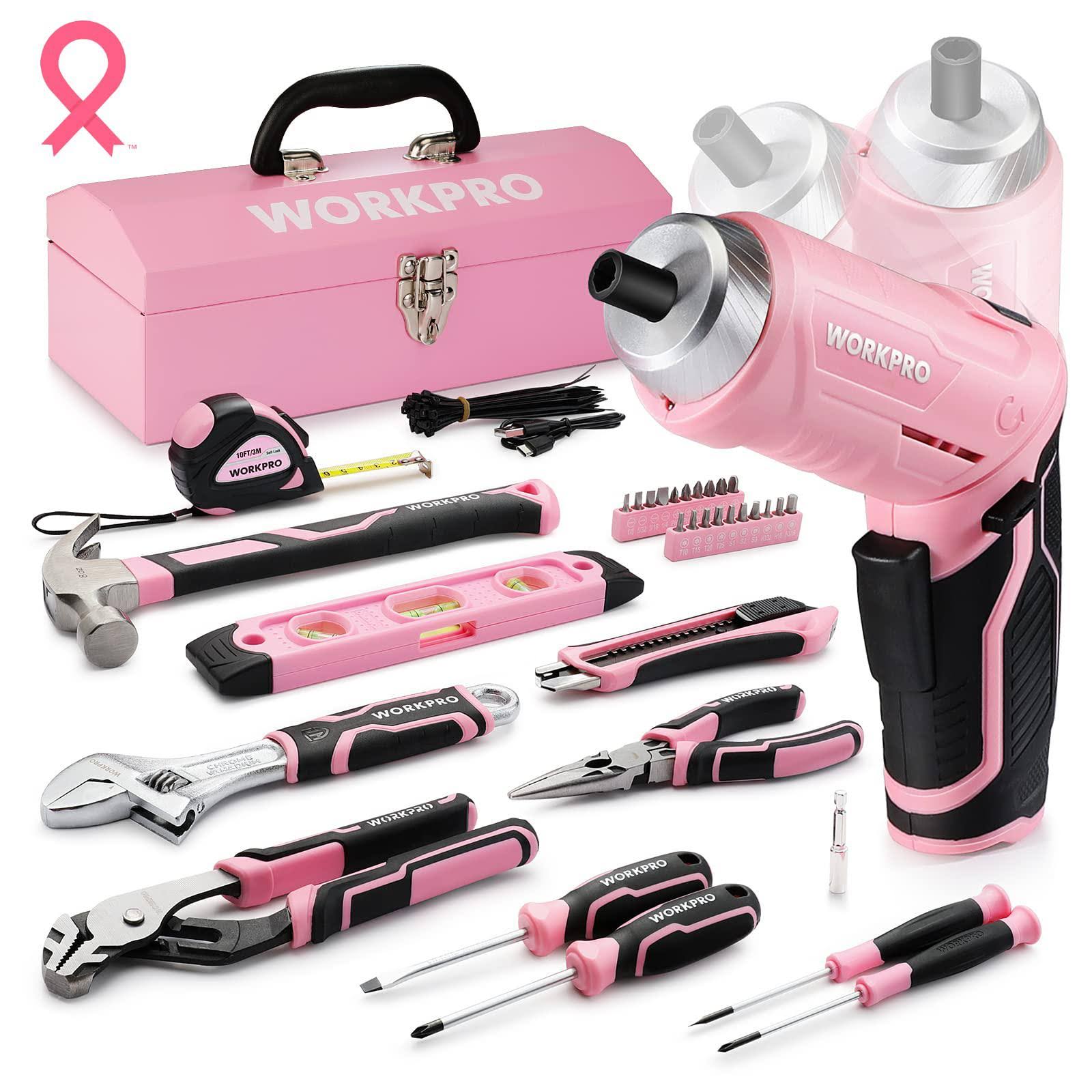 WorkPro 75-Piece Pink Tools Set, 3.7V Rotatable Cordless Screwdriver and Household Tool Kit, Basic Tool Set with 13'' Portabl W009145
