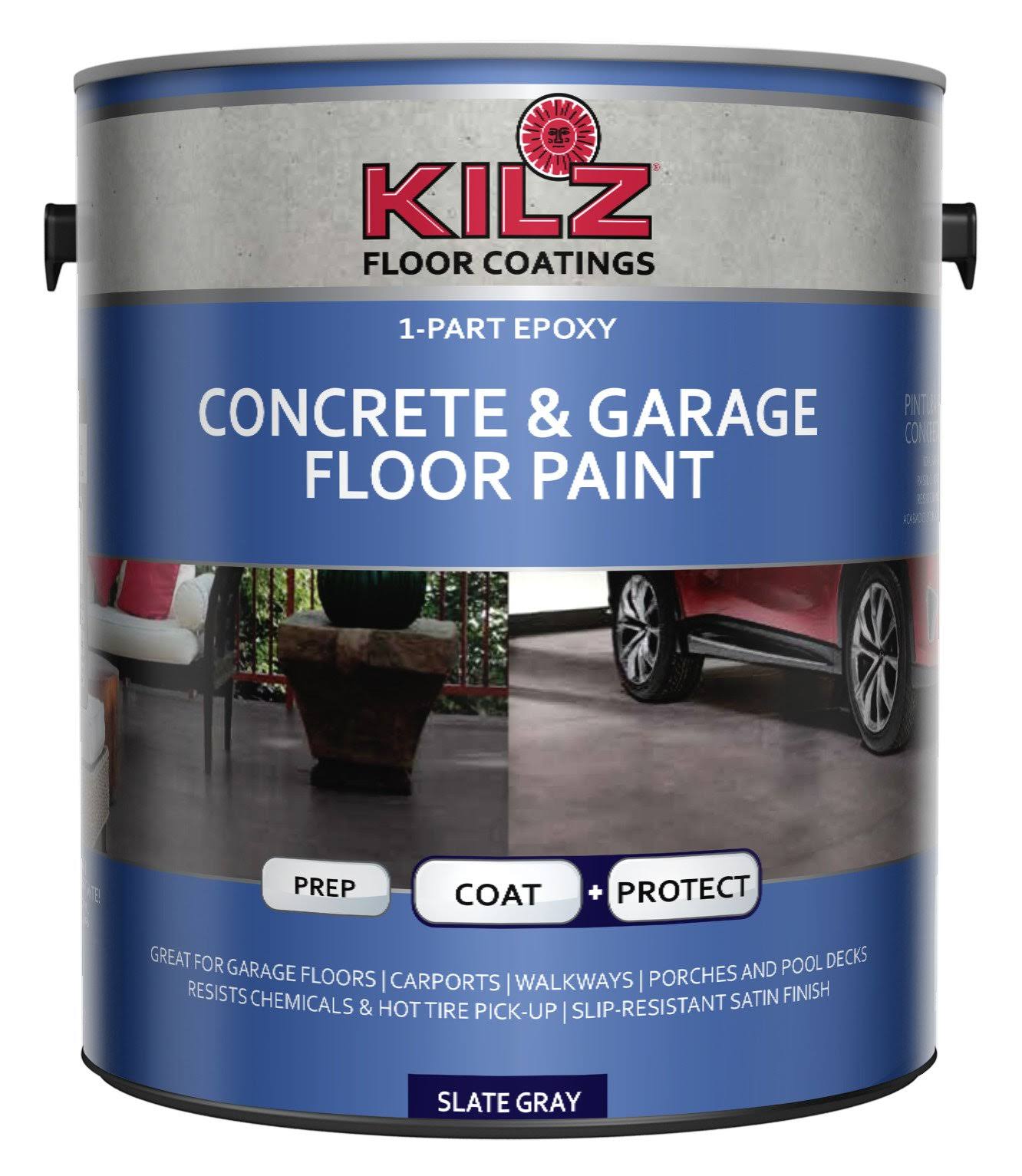 Kilz L377711 1-Part Epoxy Acrylic Interior/Exterior Concrete & Garage Floor Paint, Satin, Slate Gray, 1 Gallon