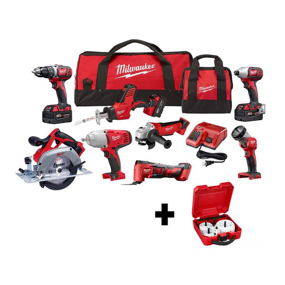 Milwaukee M18 18V Lithium-Ion Cordless Combo Kit (8-Tool) with Three 4.0 Ah Batteries, 1 Charger, 2 Tool Bag and Hole Saw Set