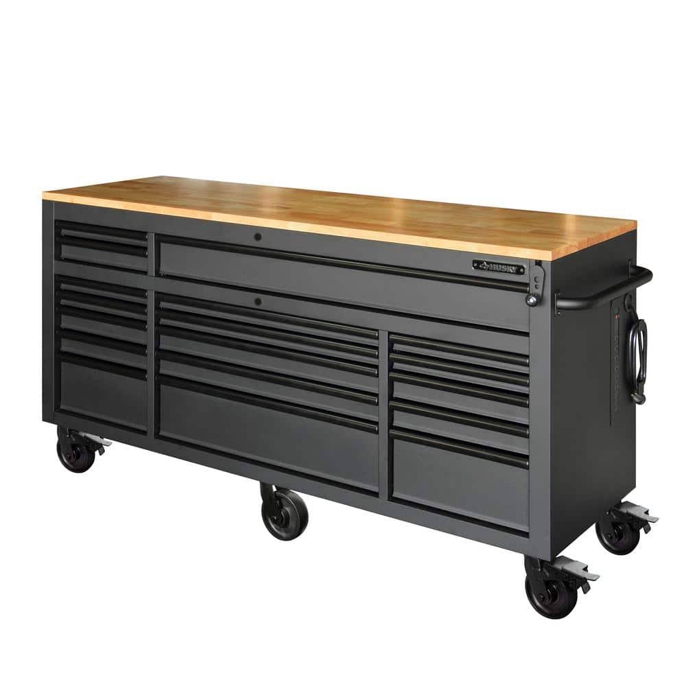 Husky 72 in. W x 24 in. D Heavy Duty 18-Drawer Mobile Workbench Cabinet with Adjustable-Height Hardwood Top in Matte Black, Matte Black with Black
