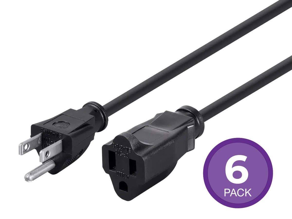 Monoprice Extension Cord- NEMA 5-15P to NEMA 5-15R, 16AWG, 13A, 3-Prong, Black, 6ft, 6-Pack