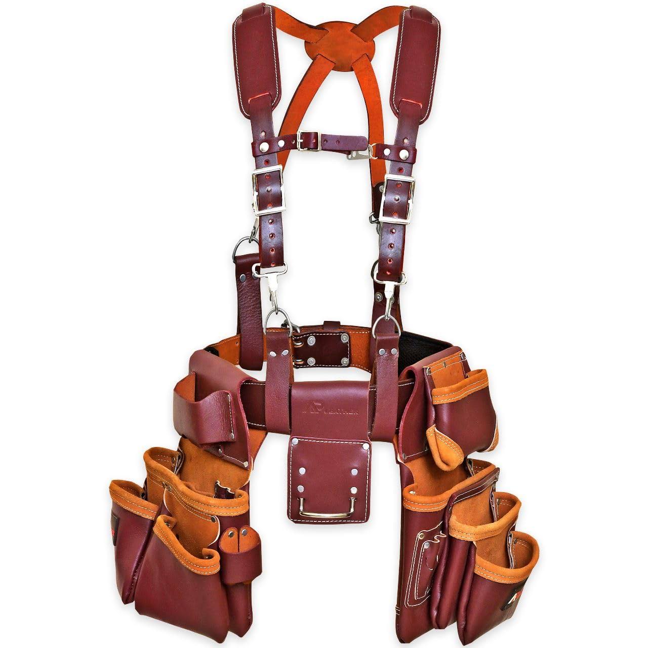 AP-Leather Pro-19 100% Genuine Full Grain Leather Tool Belt/Pouch/Bag, Tool Belt with Suspenders, Comfort Back Support Tool Pouches with Suspenders