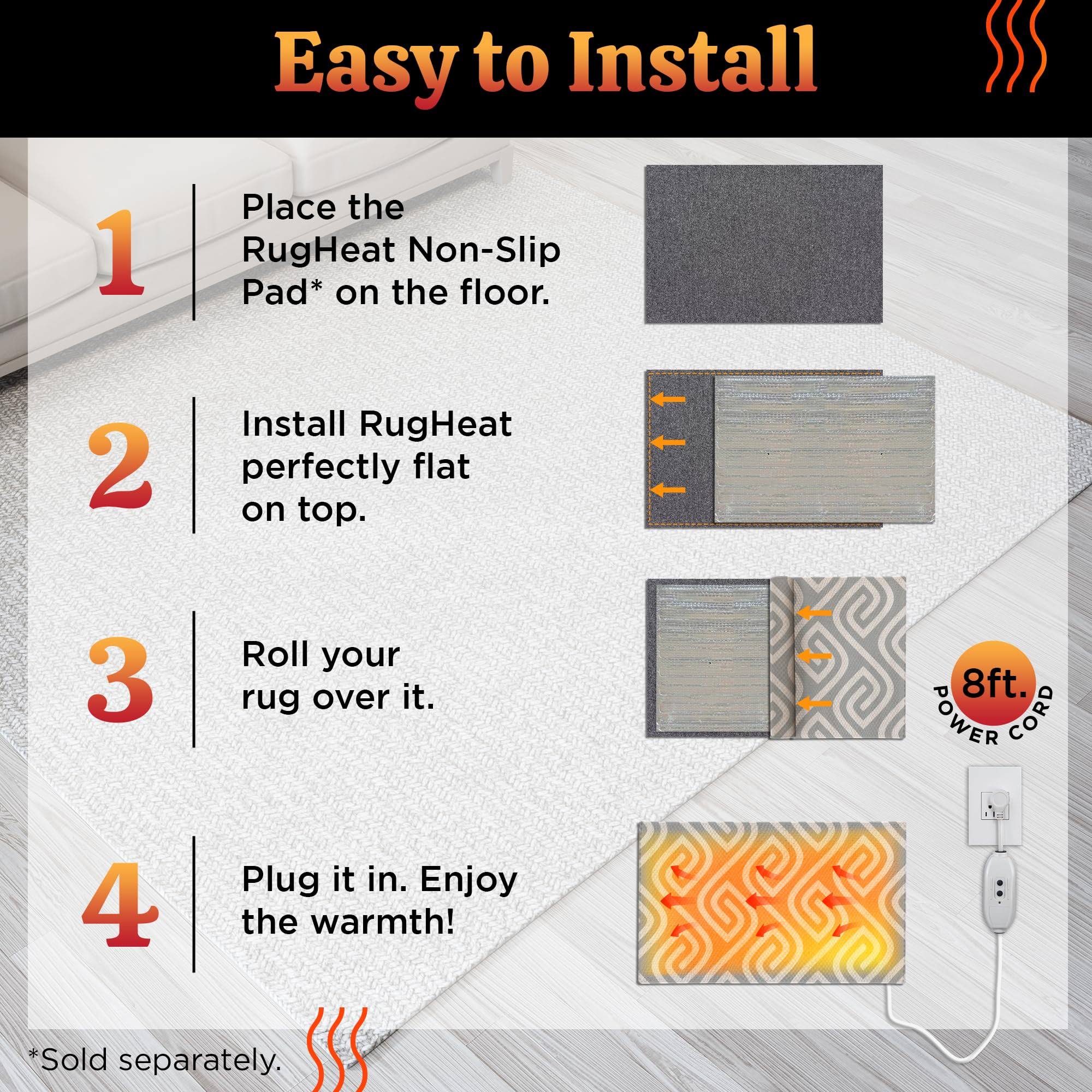 Rugheat Portable Heated Floor Mat, Large (58x81 inches) Fits Under A 5' x 7' Rug- Under-Rug Pad for Heated Rug, Electric Radiant Floor Heater for