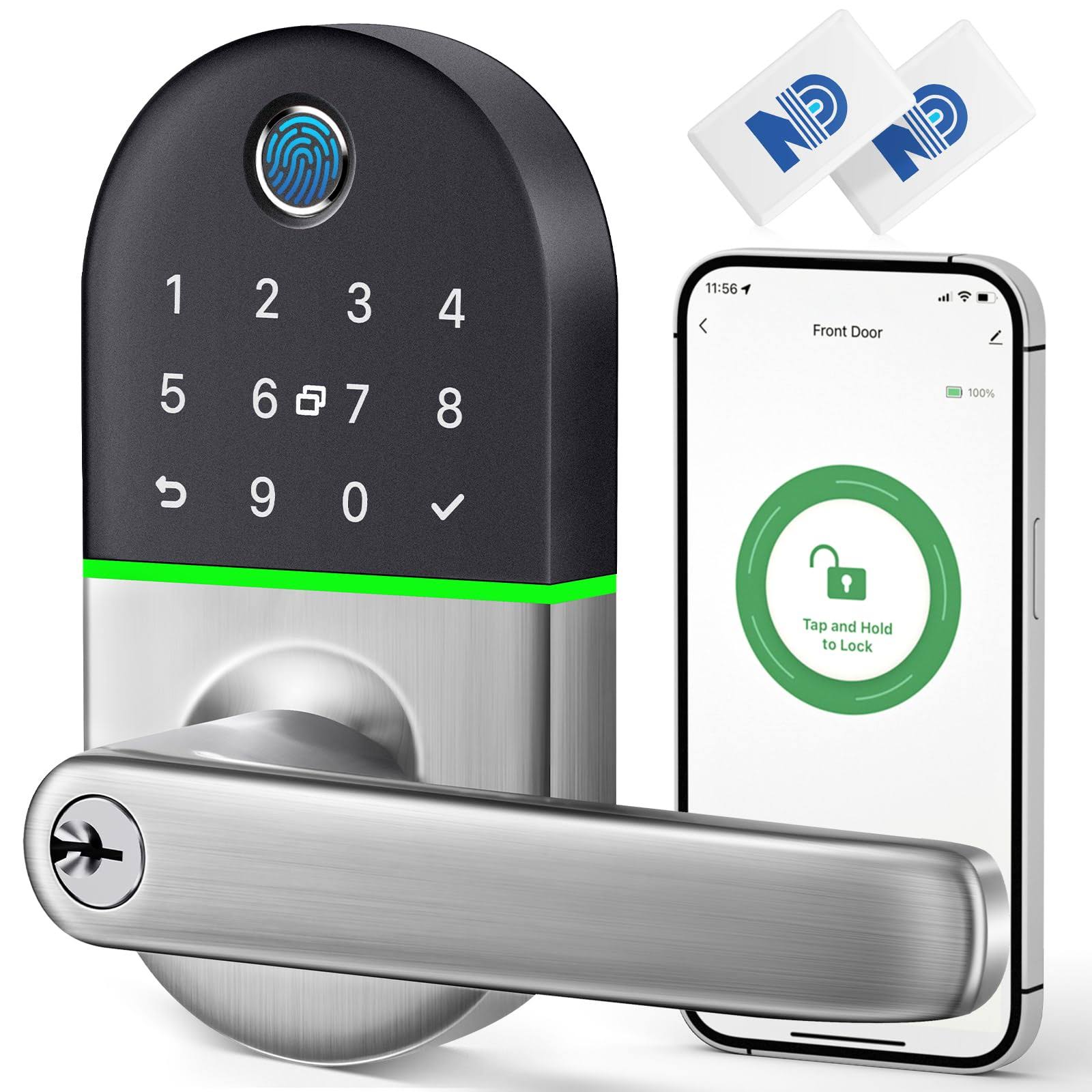 Smart Door Lock with Handle: Keypad Door Lock for Front Door- Keyless Entry Door Lock- Fingerprint Door Lock- Biometric Door Lock- Electronic