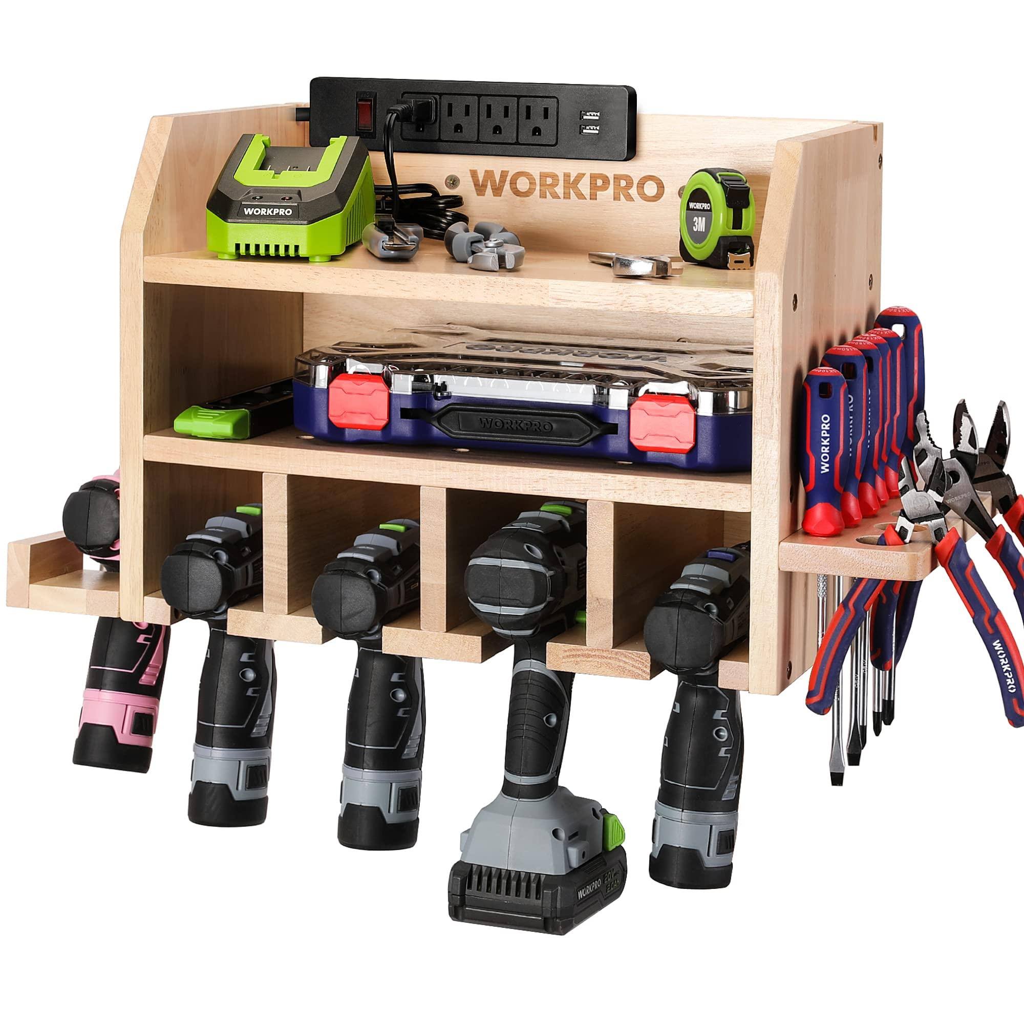 WorkPro Power Tool Organizer, Cordless Drill Holder Storage Wall Mount with 5 Drill Hanging Slots, Screwdriver Rack, Solid Wooden Tool Storage for
