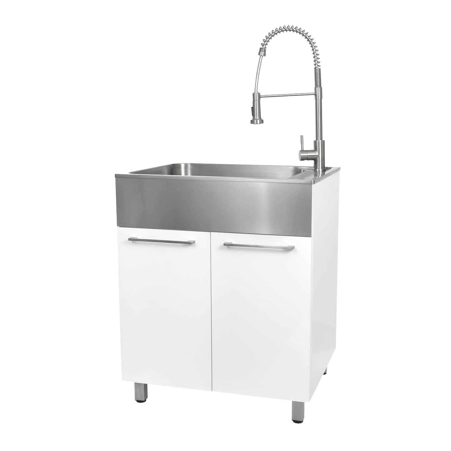 presenza All-in-One 28 in. x 22 in. x 33.8 in. Stainless Steel Drop-In Sink and Cabinet with Faucet in White, Brushed Stainless Steel