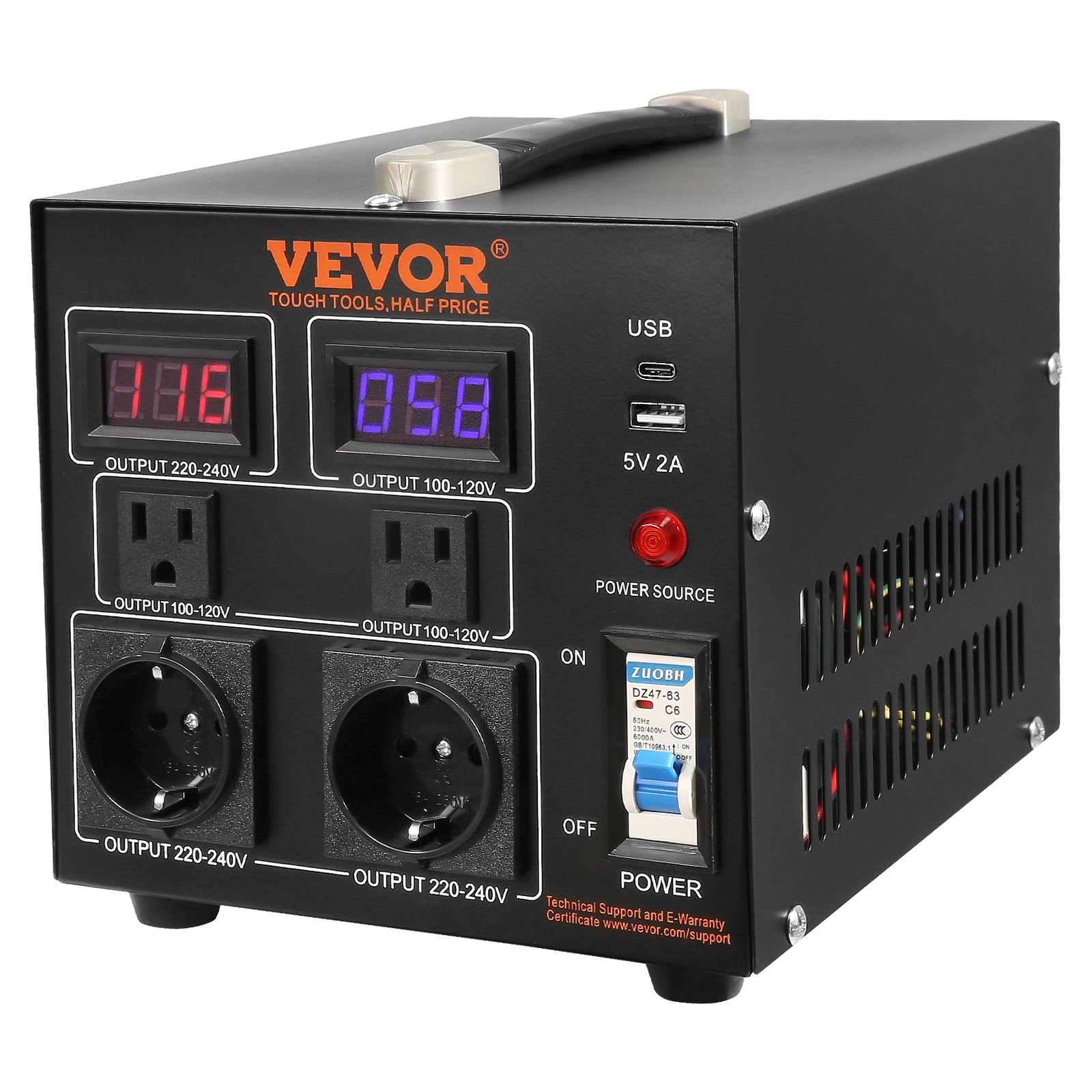 VEVOR Voltage Converter Transformer 2000 Watt Step Up/Down Transformer 110/220-Volt with US, EU Outlet USB Port LED Display