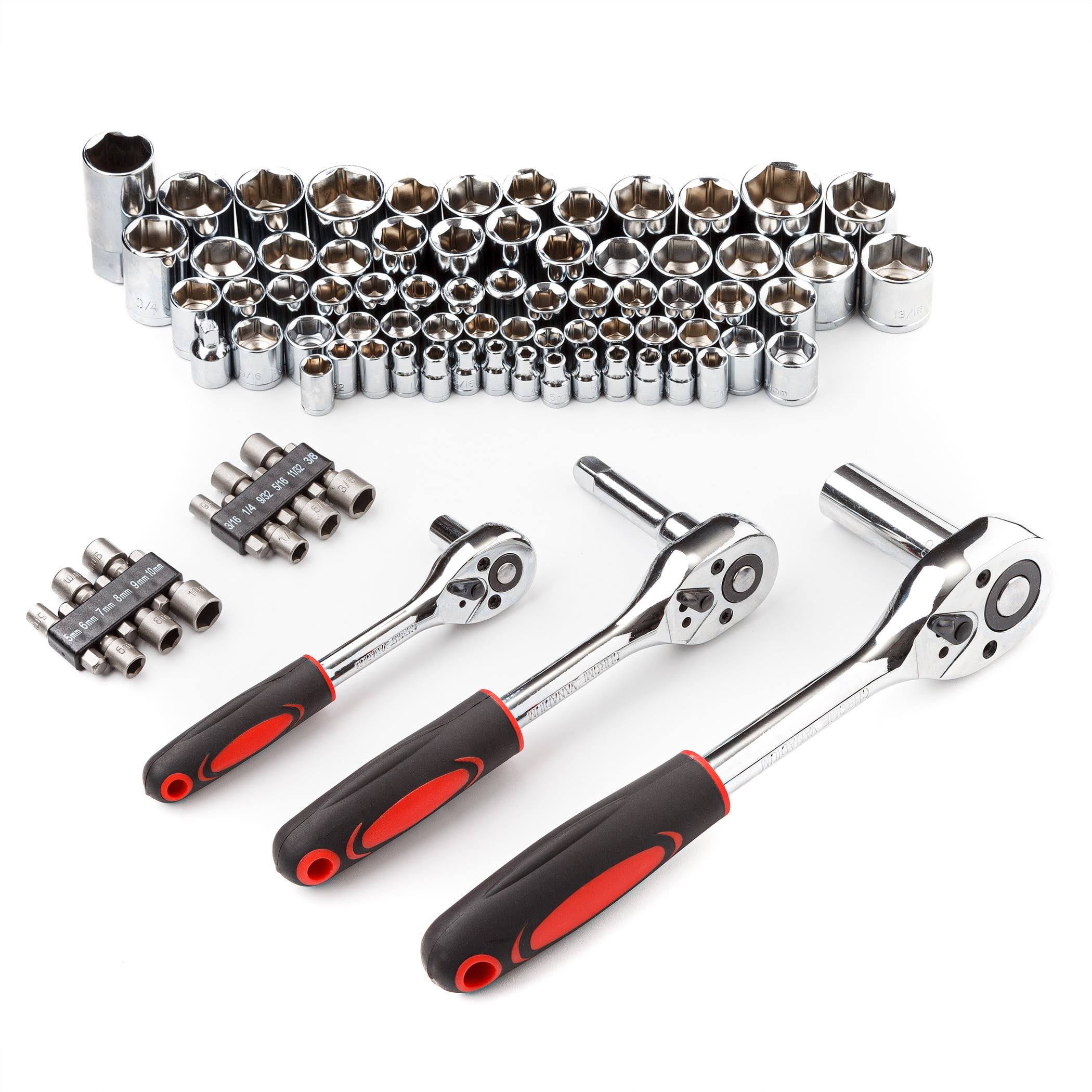 Cartman 205 Piece Tool Set Ratchet Wrench with Sockets Kit in Plastic Toolbox Red