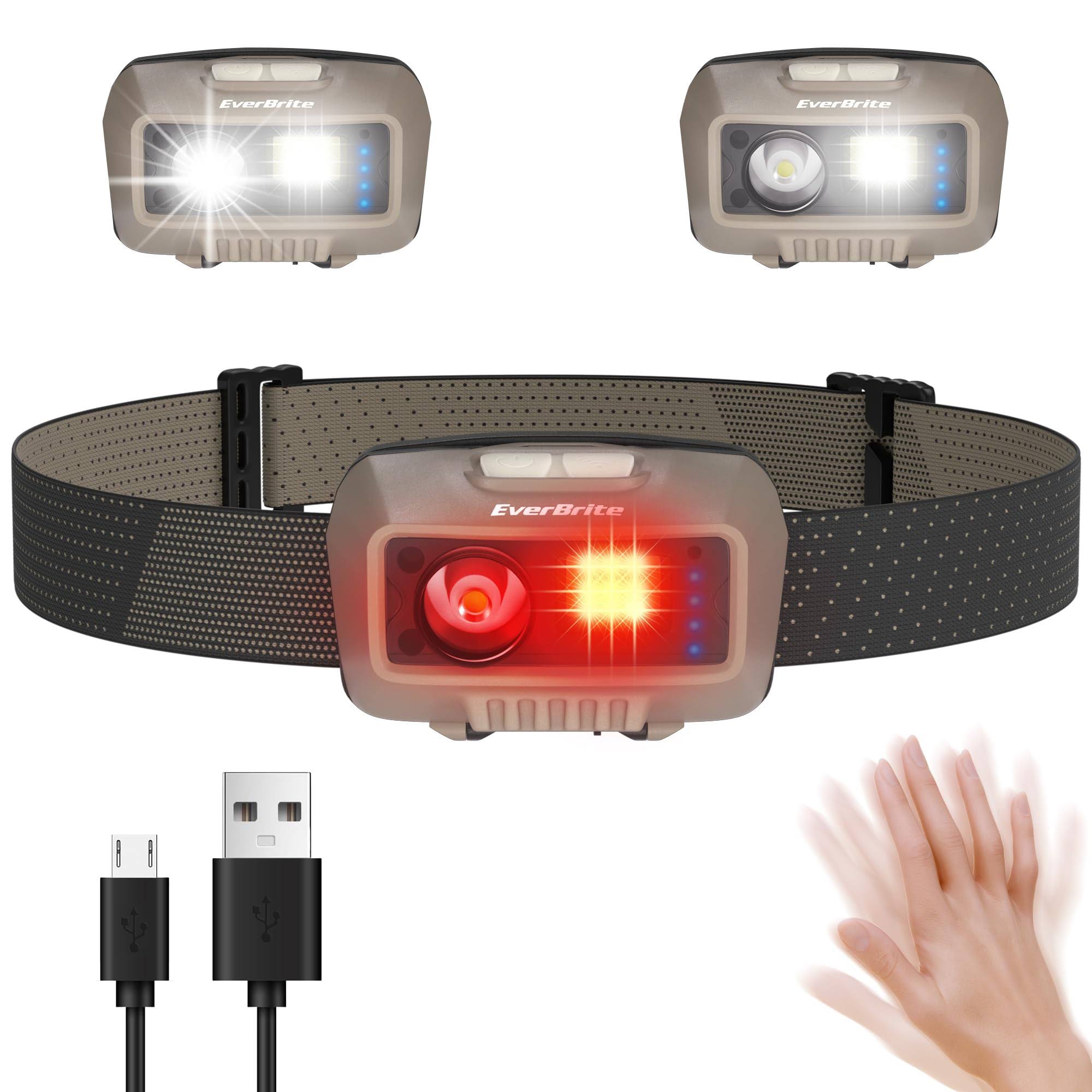 Everbrite Rechargeable LED HEADLAMP, Waterproof, Adjustable, 9 Modes, Motion Sensor, Battery Indicator, Khaki