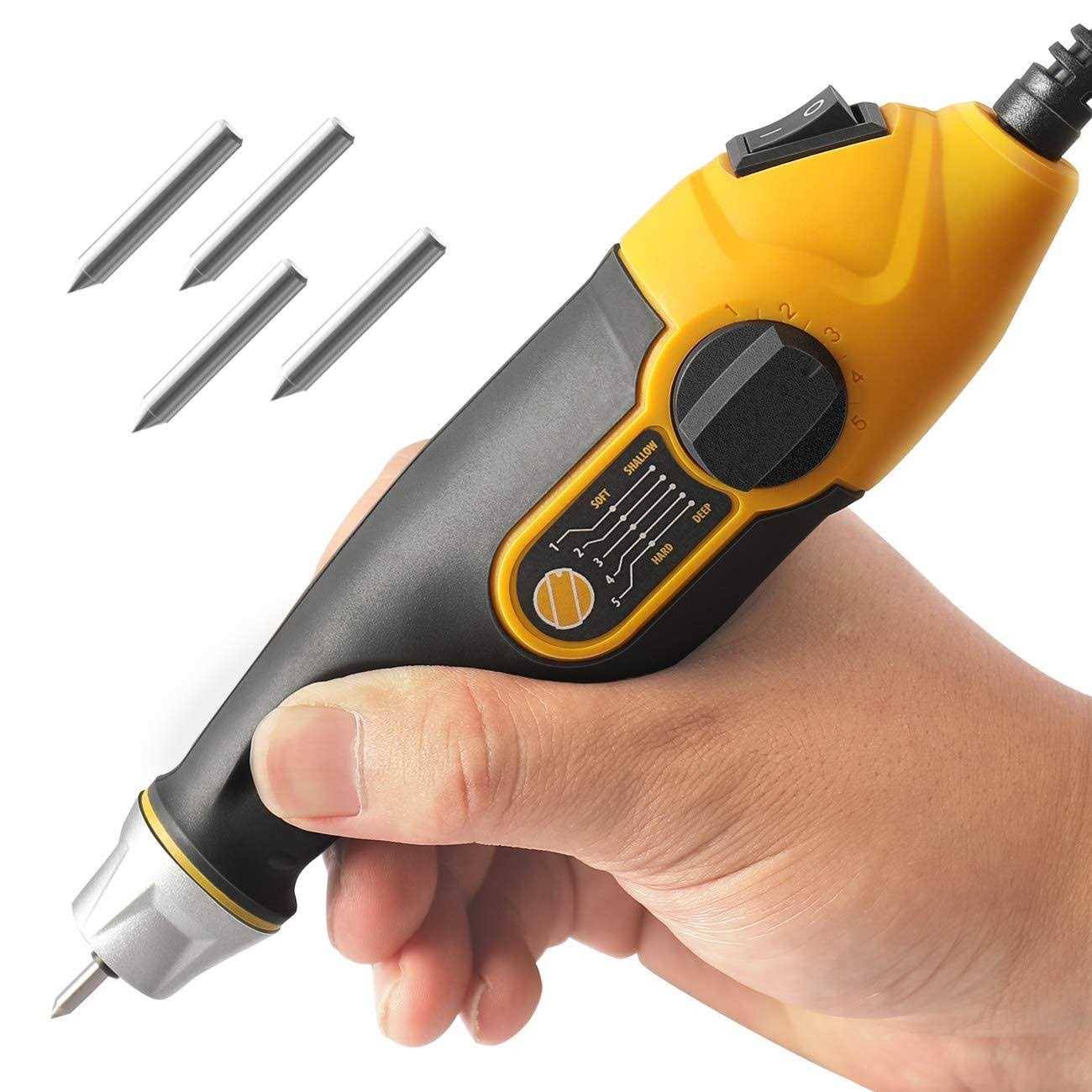 UTOOL Engraver 24W Etching Tool with Soft Rubber Grip for Wood Metal Glass Engraving & Etching with 4 Replaceable Tungsten Carbide Steel Bits &