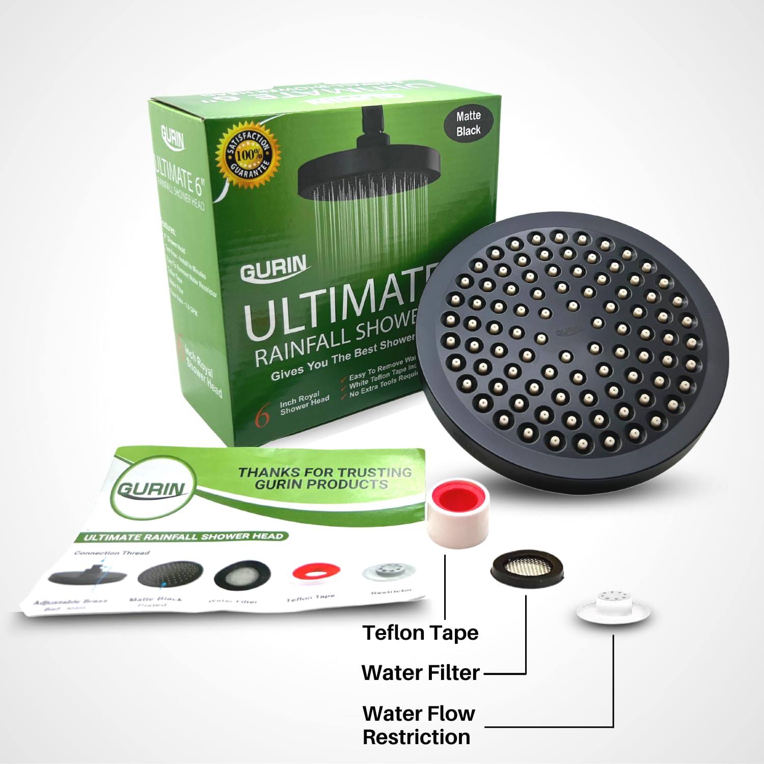 Gurin Shower Head High Pressure Rain, Luxury Bathroom Showerhead with Adjustable Angles, Anti-Clogging Silicone Nozzles- Matte Black, 6 inch Round