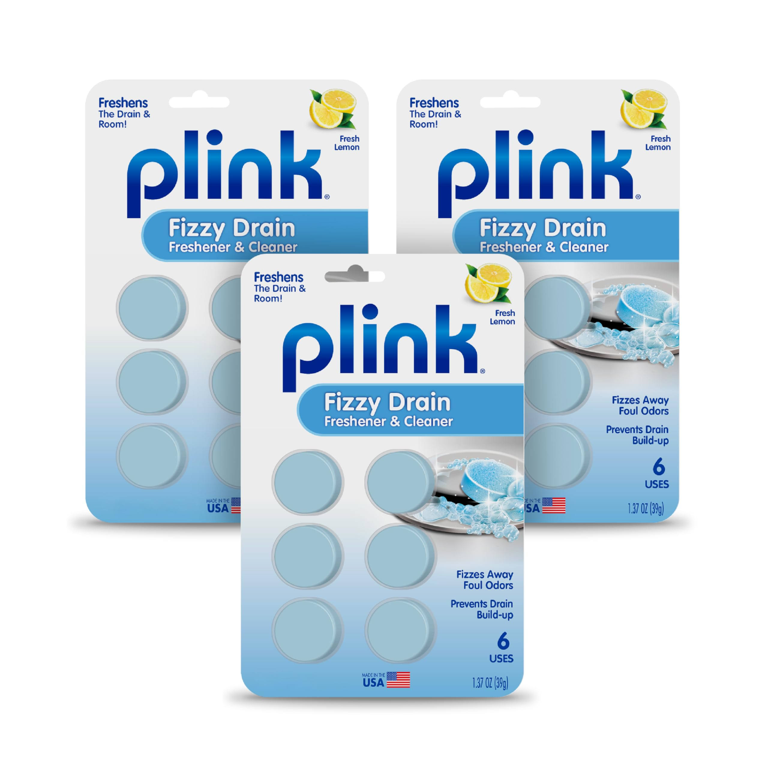 Plink Fizzy Drain Freshener and Cleaner, Prevents Clog Buildup and Removes Sink Odors in Bathrooms, Kitchens, and Homes, Septic-Friendly, Lemon