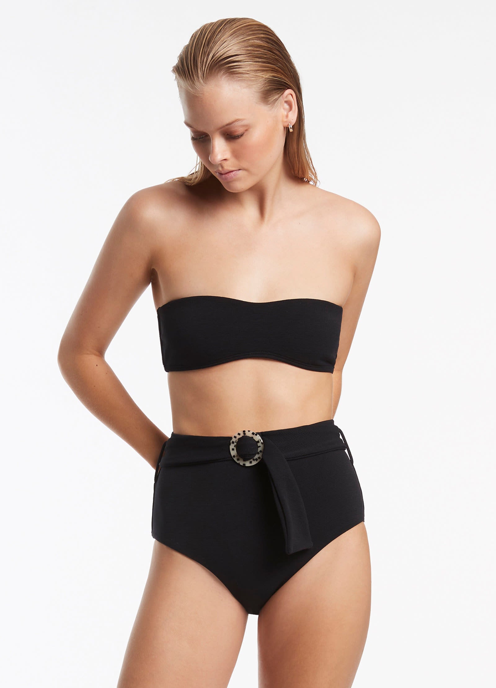 Isla Rib Belted High Waisted Bikini Bottom - Black