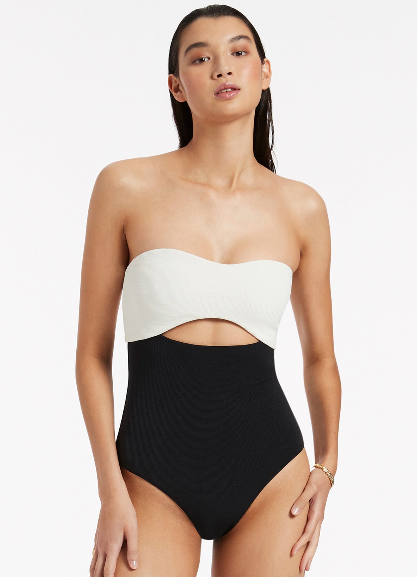 Versa Rib Cut Out Bandeau One Piece - Black/Cream