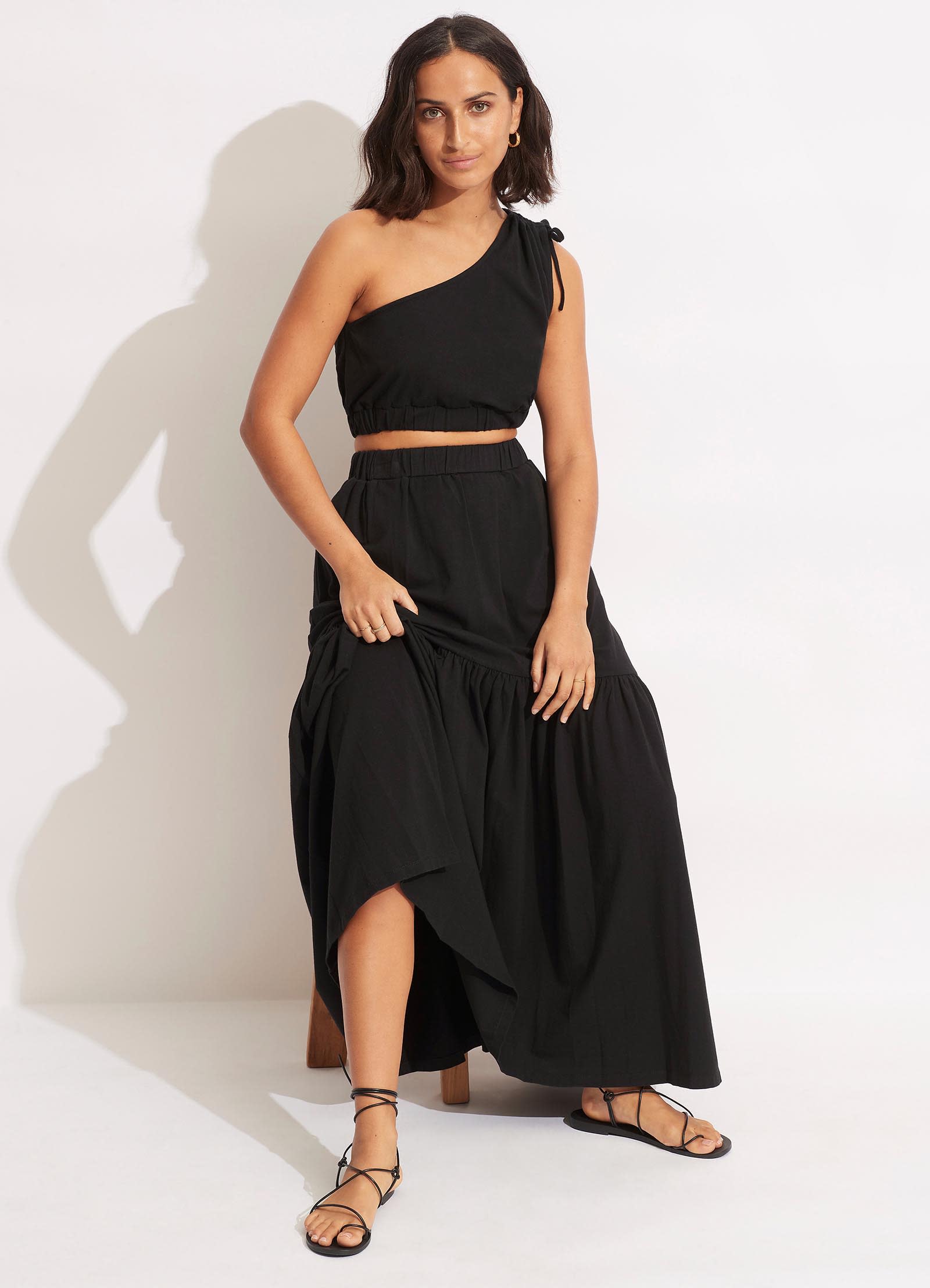 Jersey One Shoulder Crop Top - Black