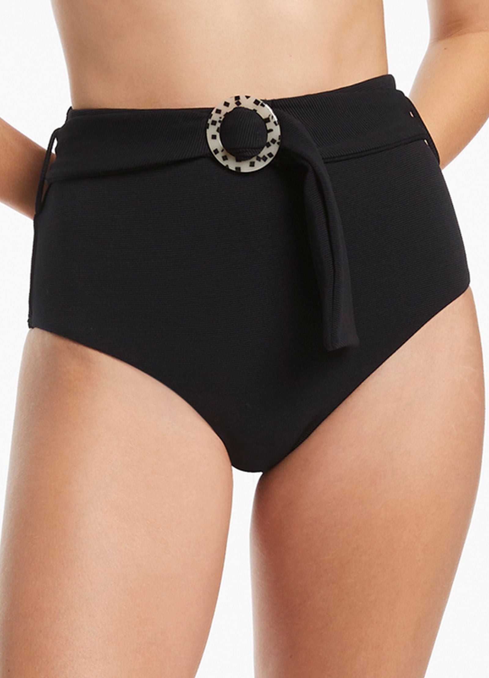 Isla Rib Belted High Waisted Bikini Bottom - Black