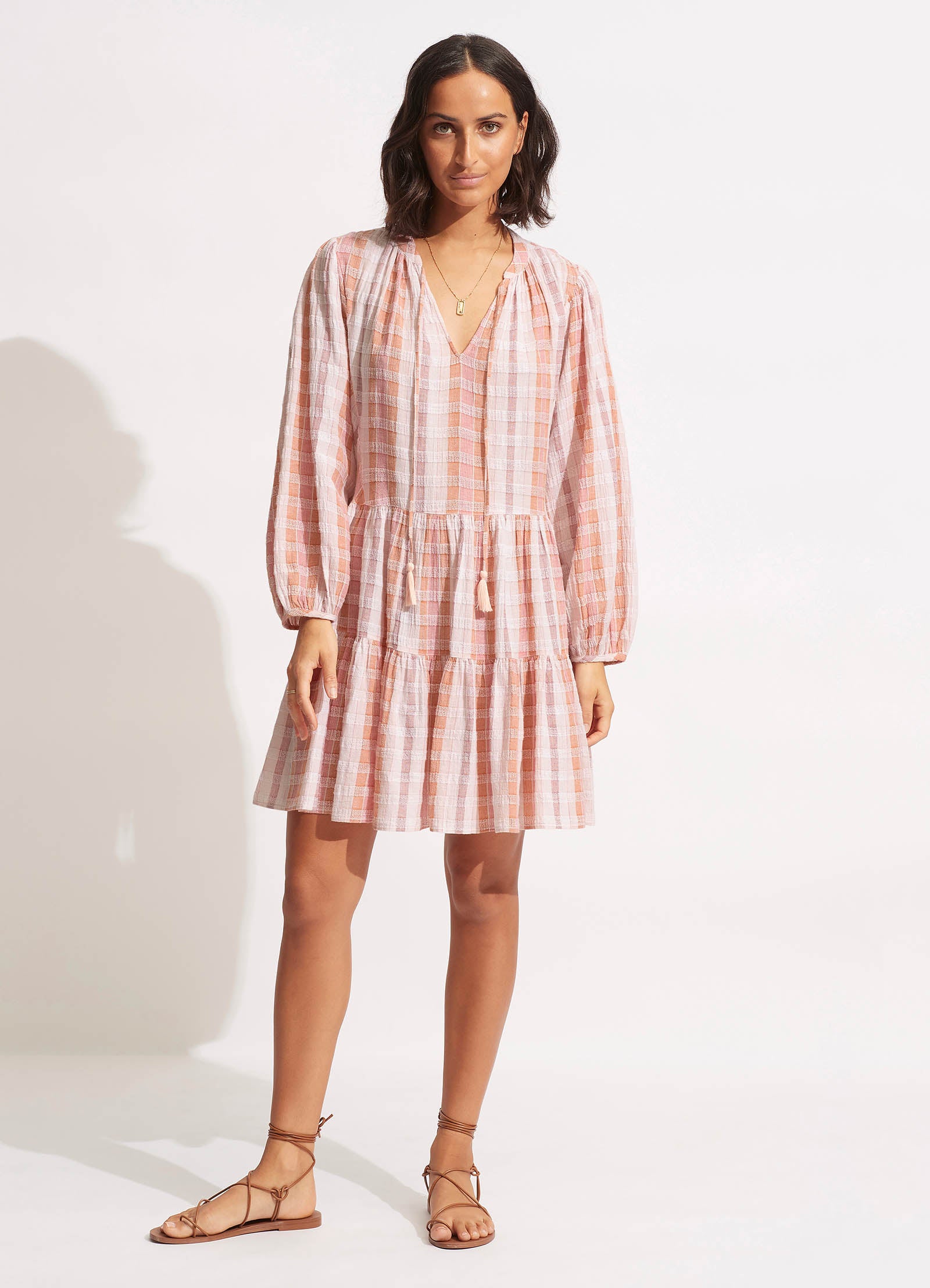 Textured Gingham Tiered Dress  - Lilac