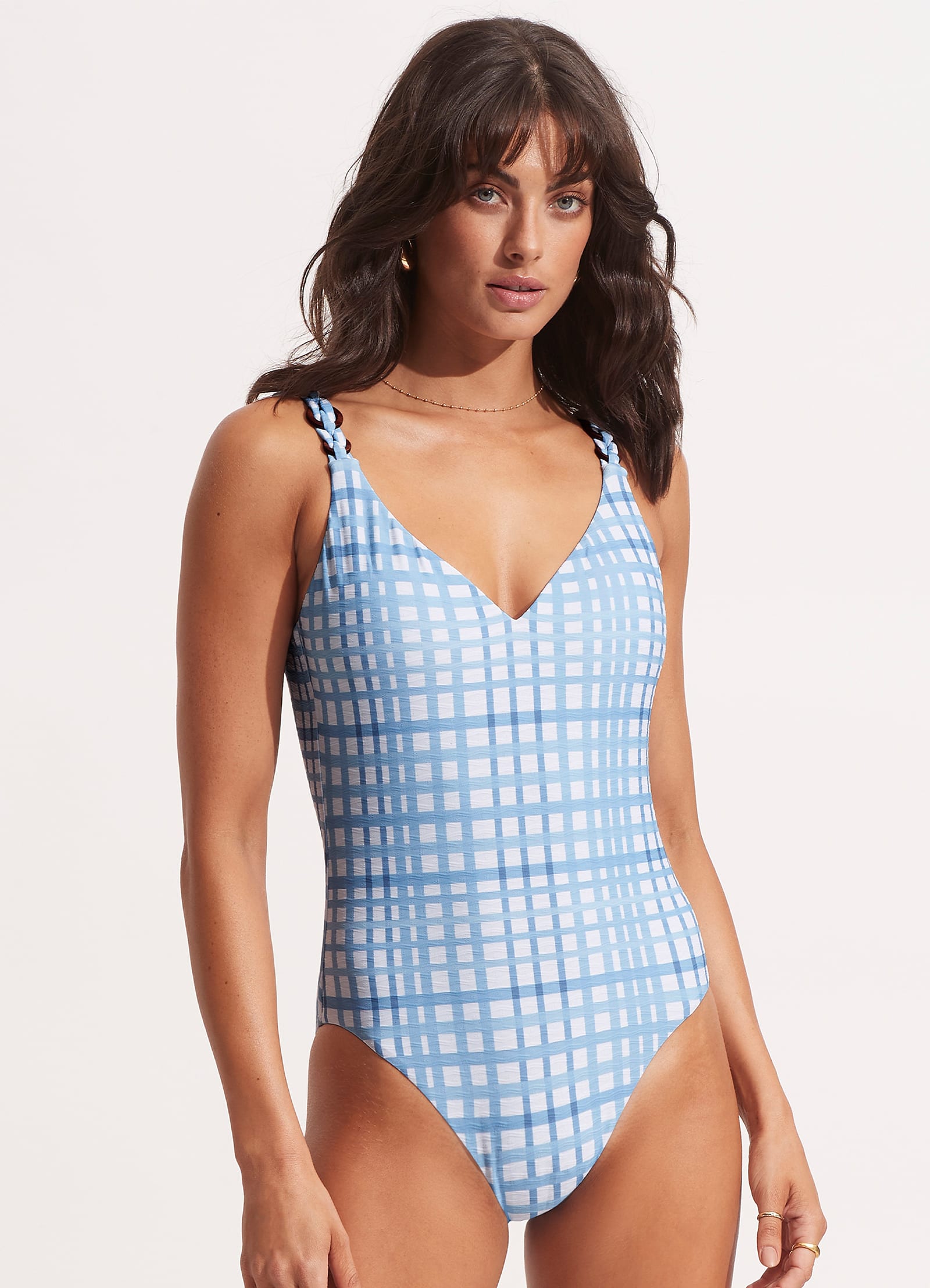 Amalfi Check V Neck One Piece - Amalfi Blue
