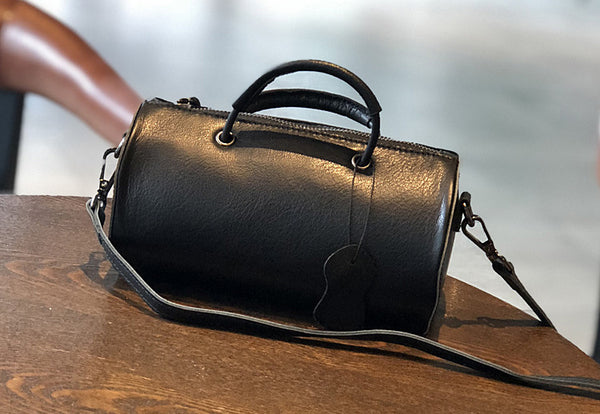 Womens Cylinder Bag Black Leather Crossbody Bag Shoulder Bag For Women