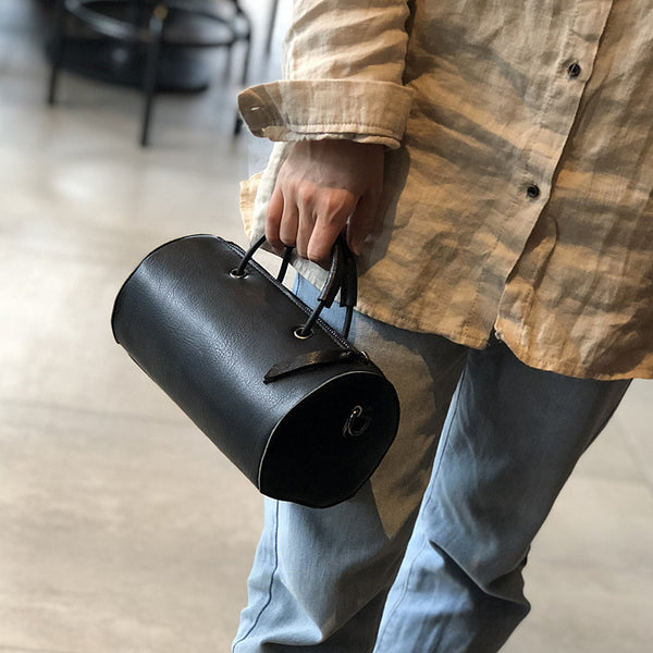 Womens Cylinder Bag Black Leather Crossbody Bag Shoulder Bag For Women