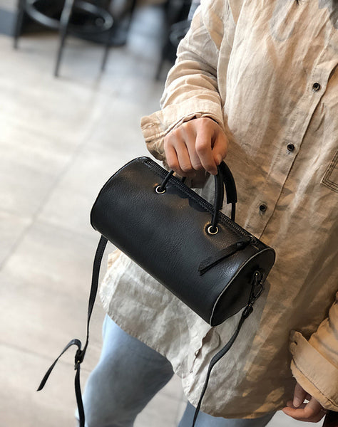 Womens Cylinder Bag Black Leather Crossbody Bag Shoulder Bag For Women