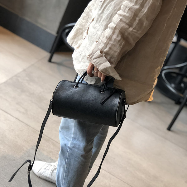 Womens Cylinder Bag Black Leather Crossbody Bag Shoulder Bag For Women