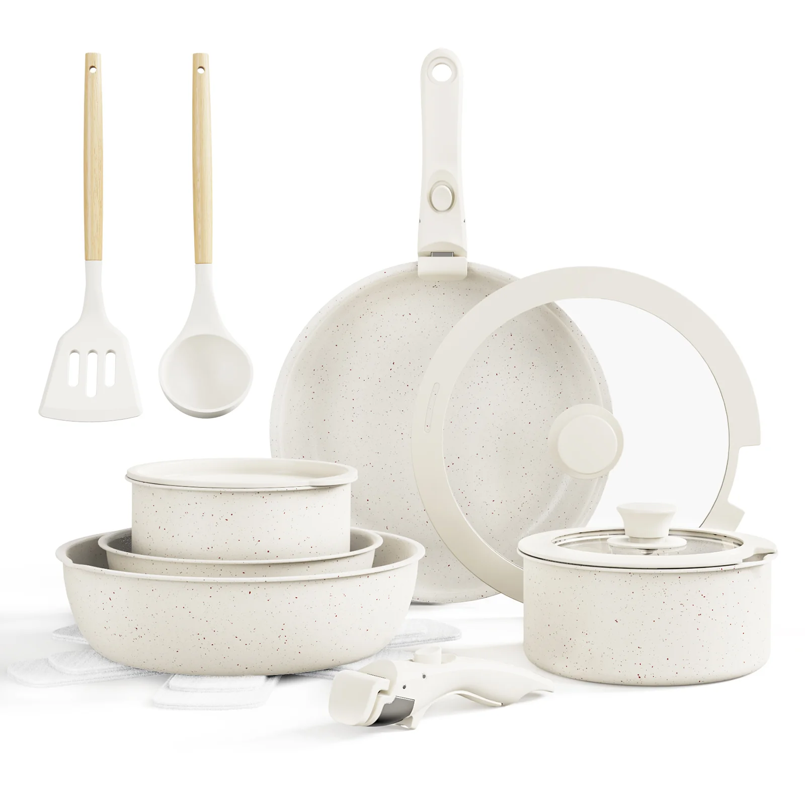 Bazova Ceramic Nonstick 17-Piece Cookware Set with Removable Handles - Cream White