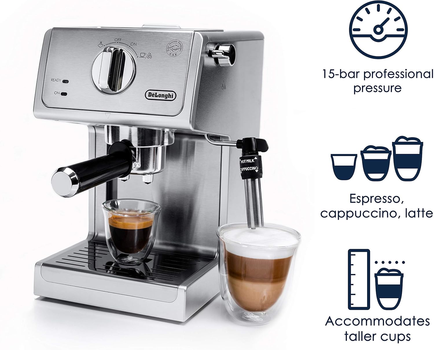 De'Longhi Bar Pump Espresso and Cappuccino Machine, 15, Stainless Steel