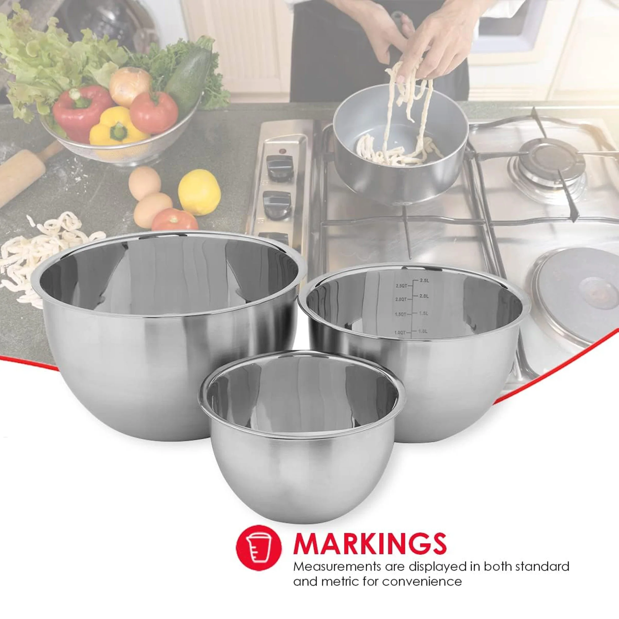 Home Basics 3 Piece Stainless Steel Nesting Mixing Bowls