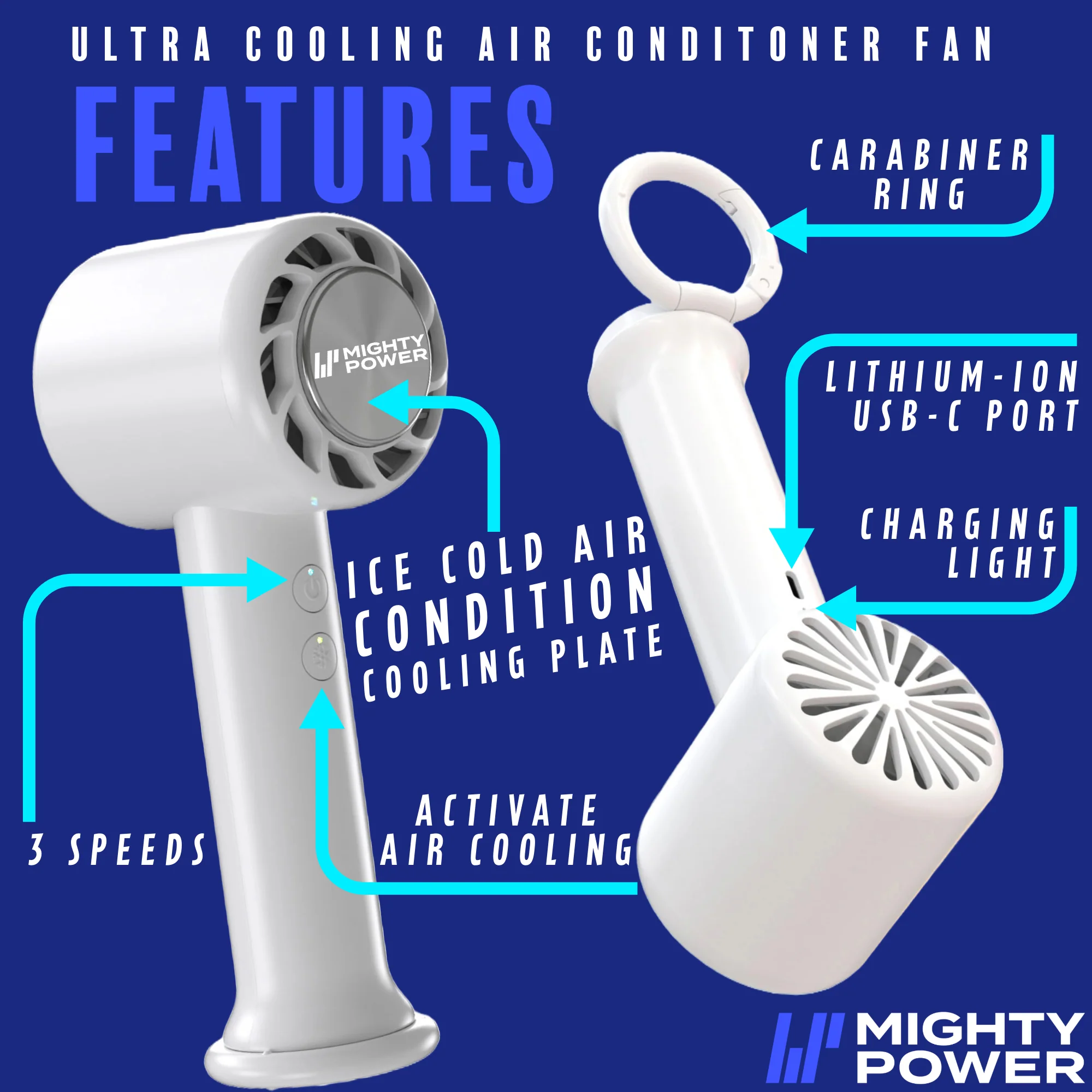 MIGHTY POWER Rechargeable AC Ultra Cooling Handheld Fan, White, 6.5 Inches