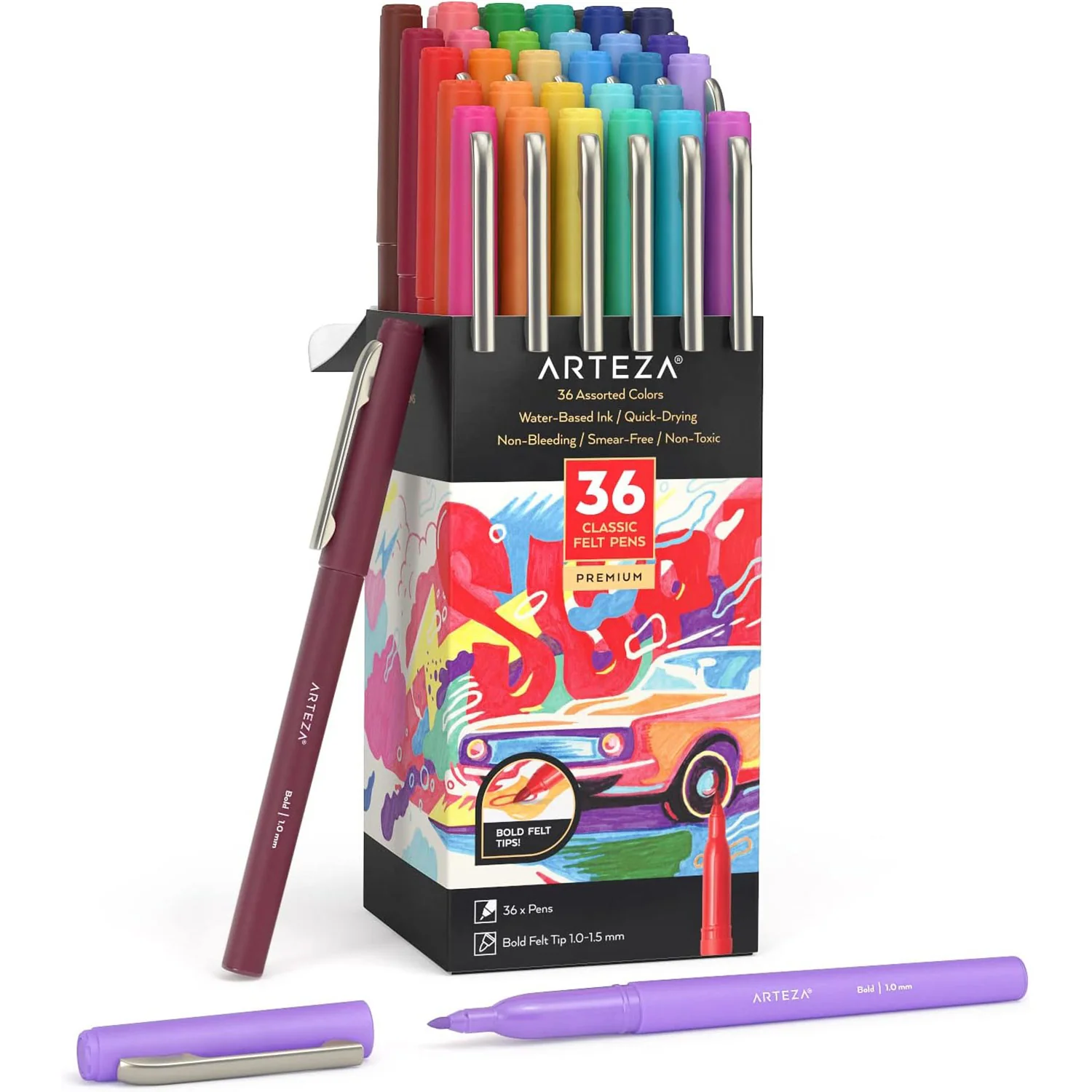 ARTEZA Premium Classic Felt Pens, Assorted Colors, 36 Count