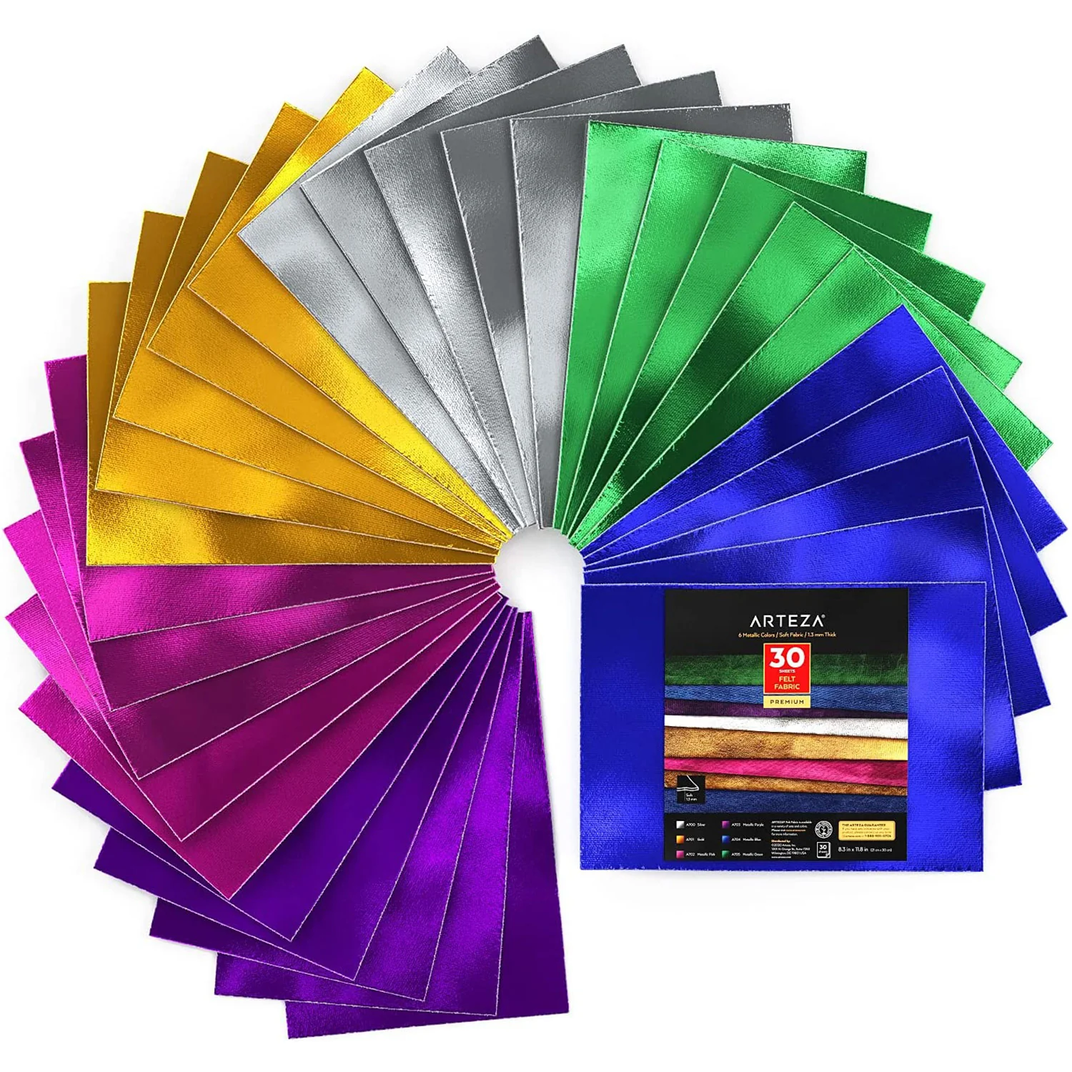 ARTEZA 6 Color Metallic Felt Sheets, Set of 30, 8.3x11.8 Inches