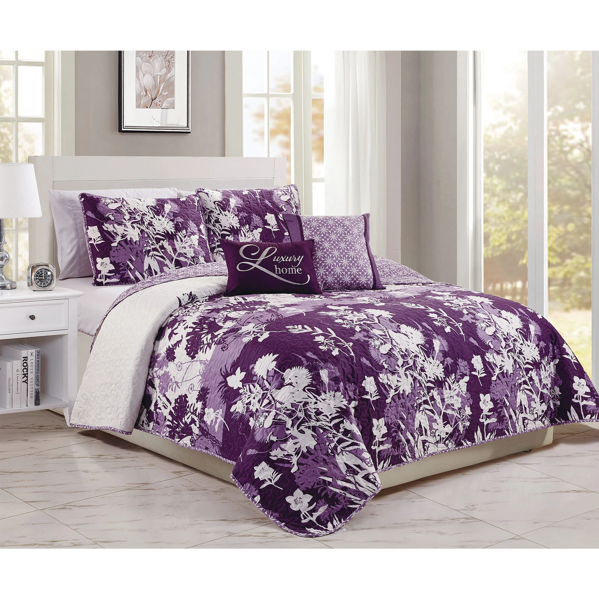 Elanore 5 Piece Oversized Reversible Quilt Set, Full-Queen