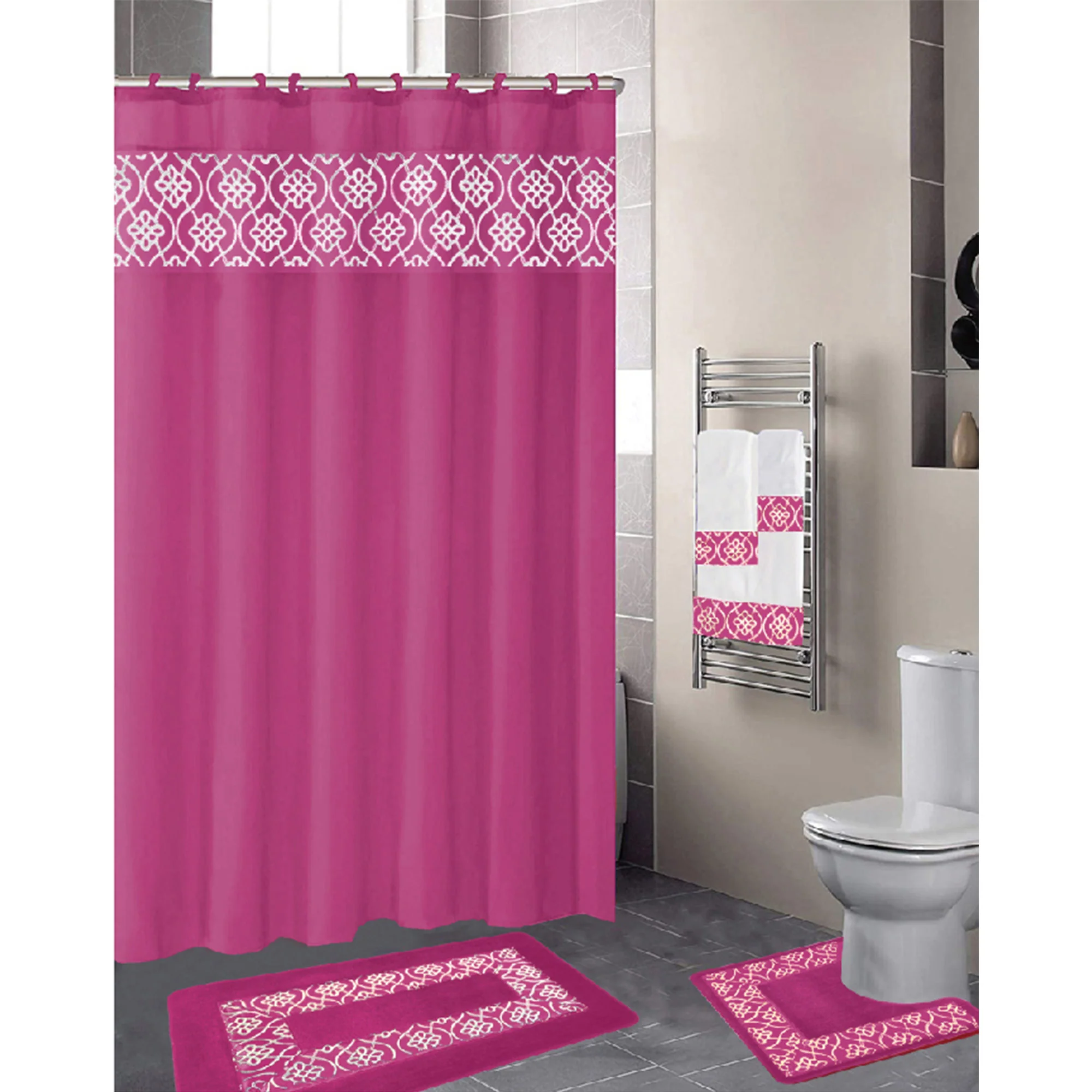 Amelia Embroidery Shower Curtain and Towel Set, 18 Pieces