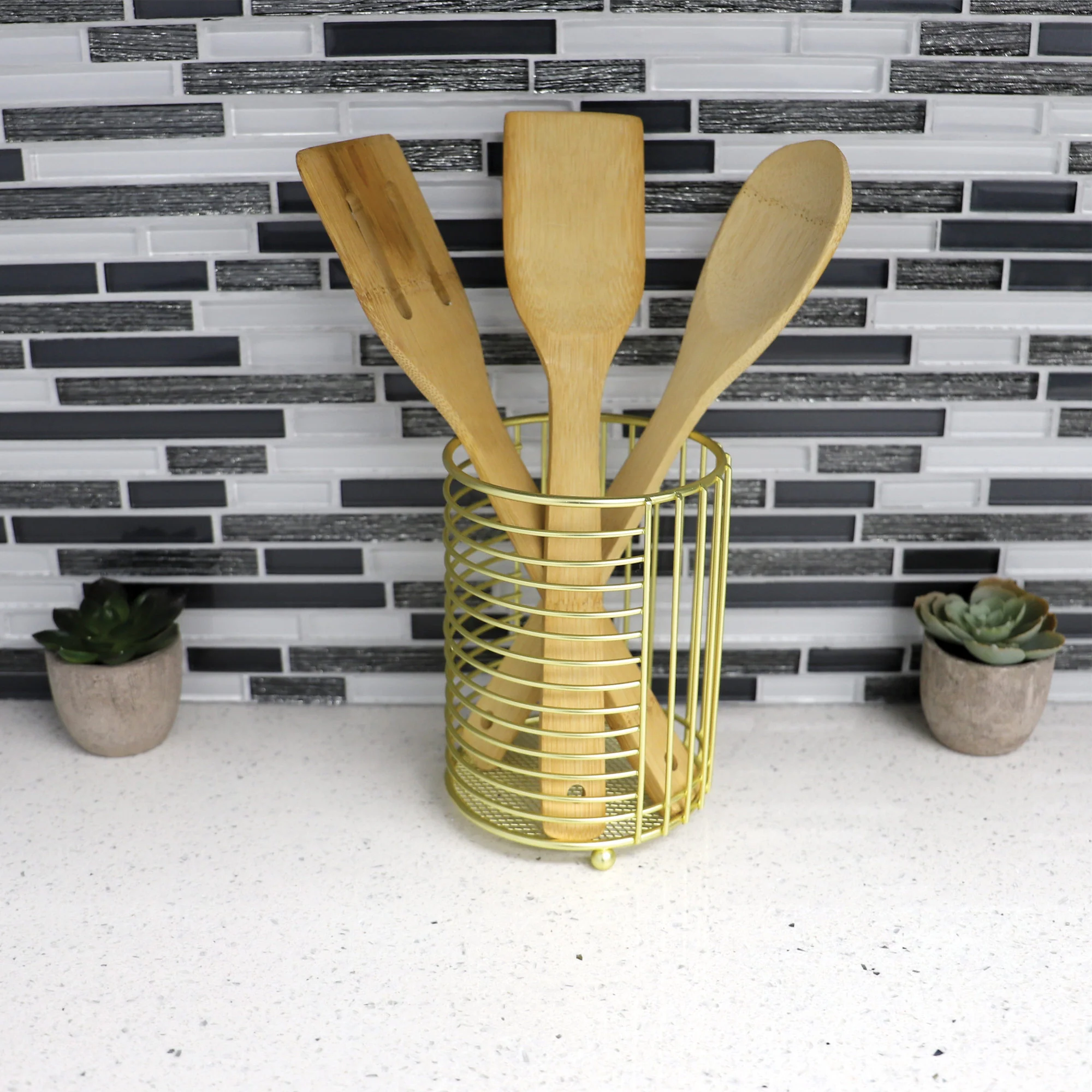 Home Basics Halo Cutlery Holder, Matte Gold, 4.5x6.25 Inches
