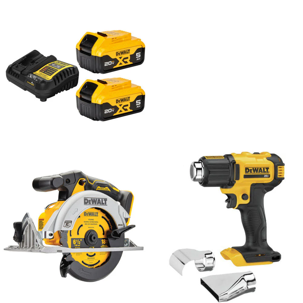 DeWalt DCB205-2C 20V MAX Starter Kit W/ DCS565B 20V Circ Saw & Heat Gun, Bare