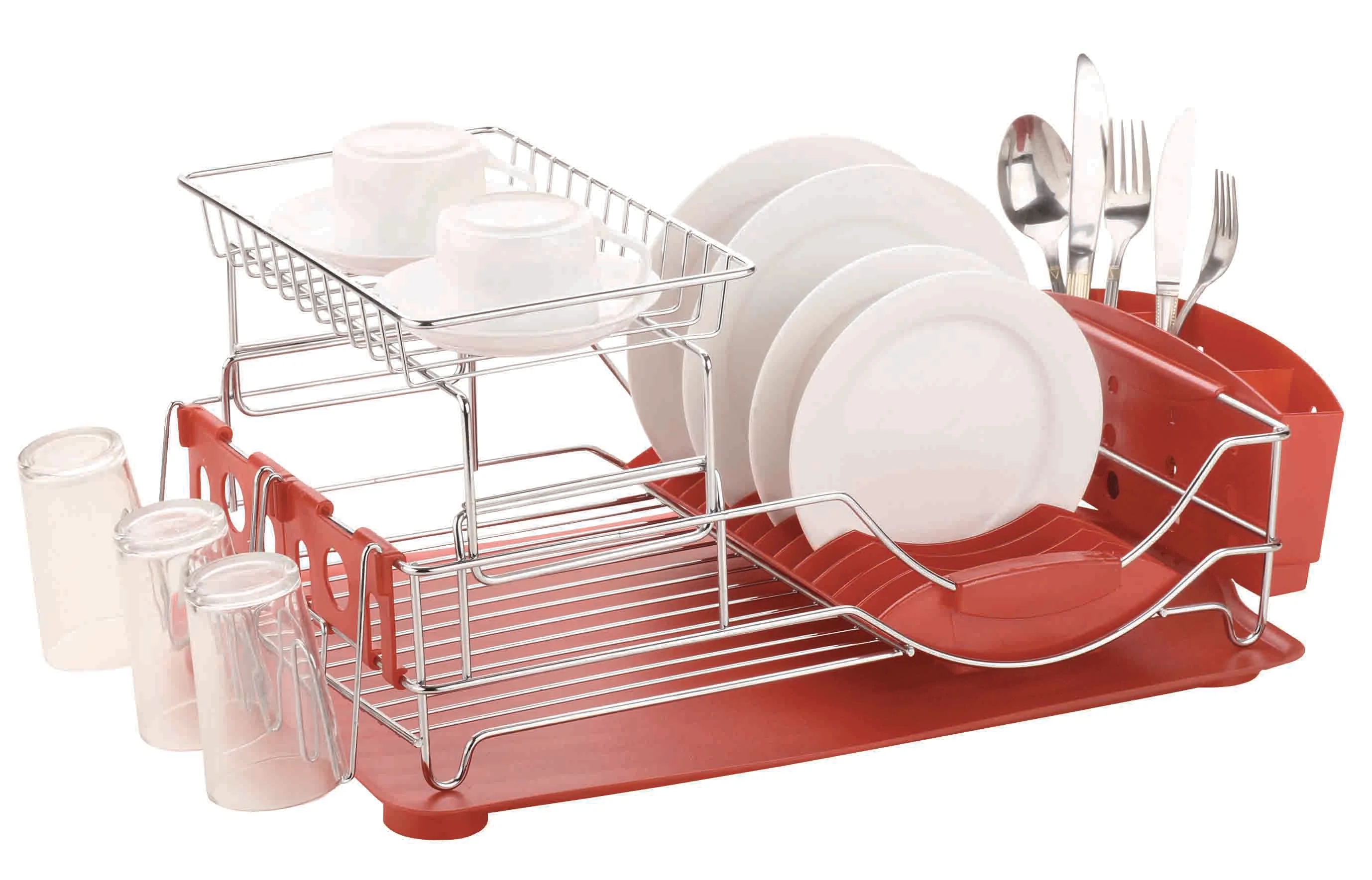 Home Basics 2 Tier Deluxe Chrome Dish Rack Drainer, Red, 20x13x10 Inches