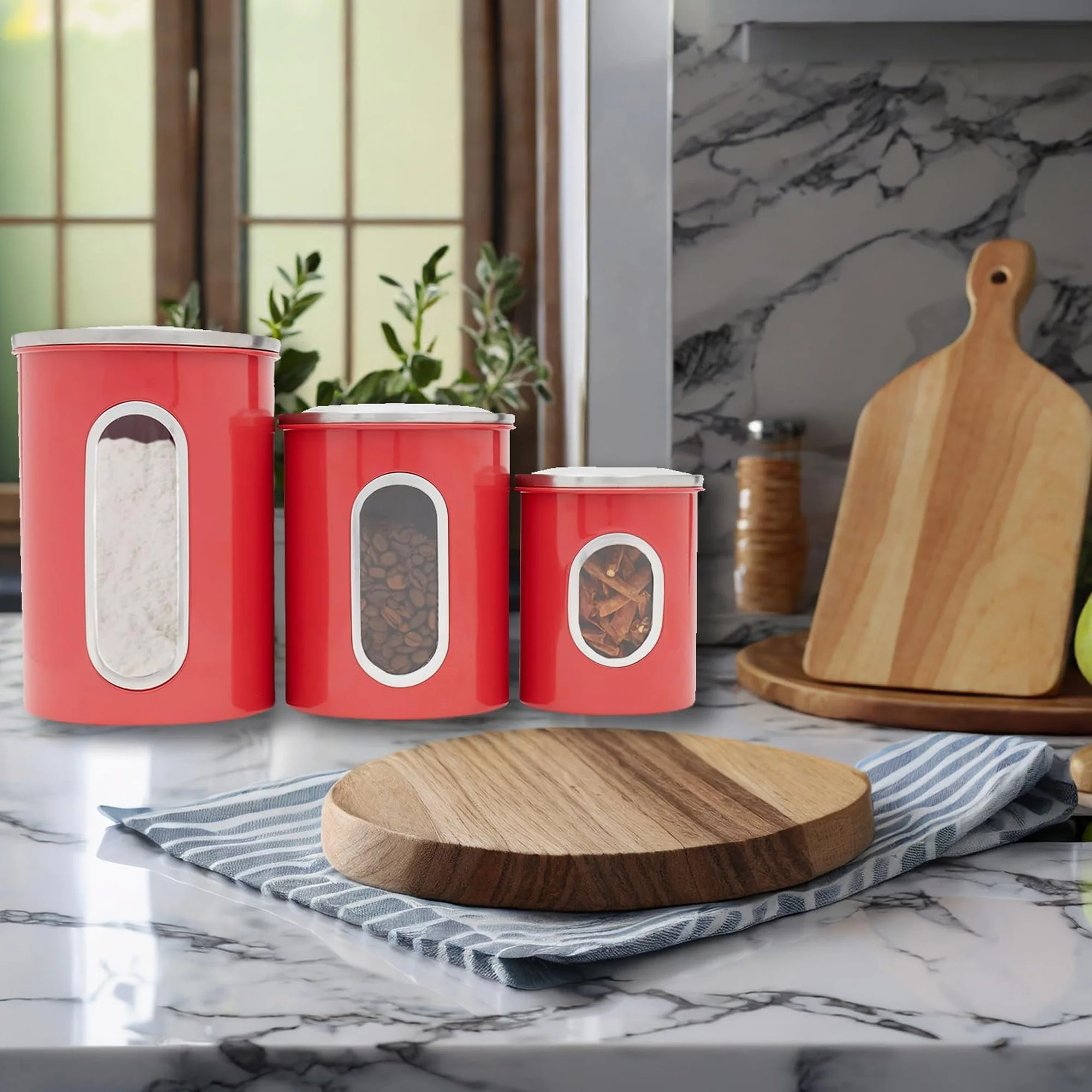 Home Basics 3 Piece Stainless Steel Top Canisters with Windows, Red