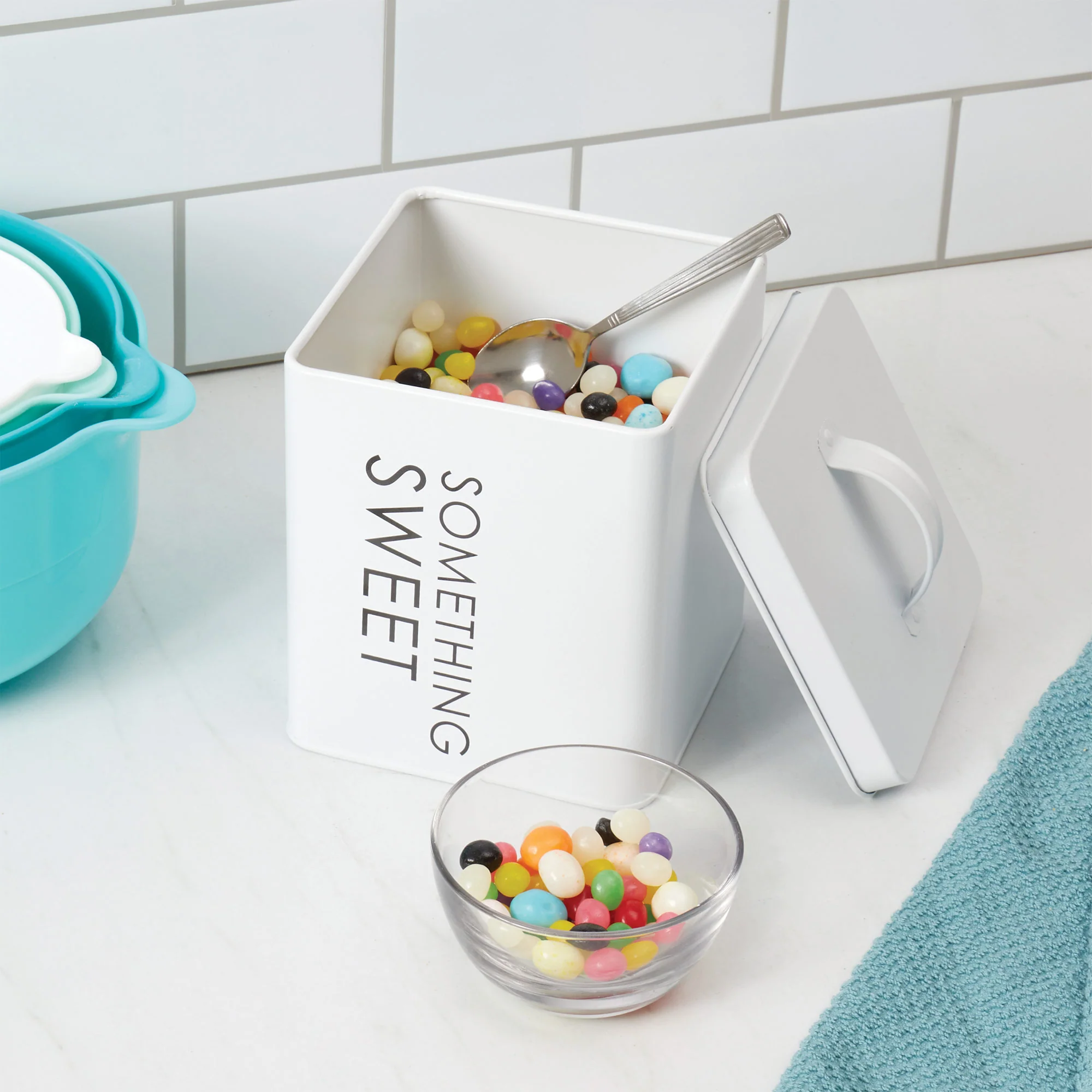 Home Basics Tin Canister, Something Sweet, Large, White, 5.5x5.5x6.5 Inches