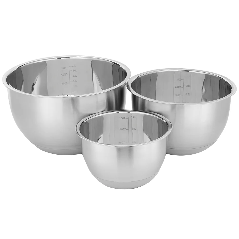 Home Basics 3 Piece Stainless Steel Nesting Mixing Bowls with Rubber Bottoms