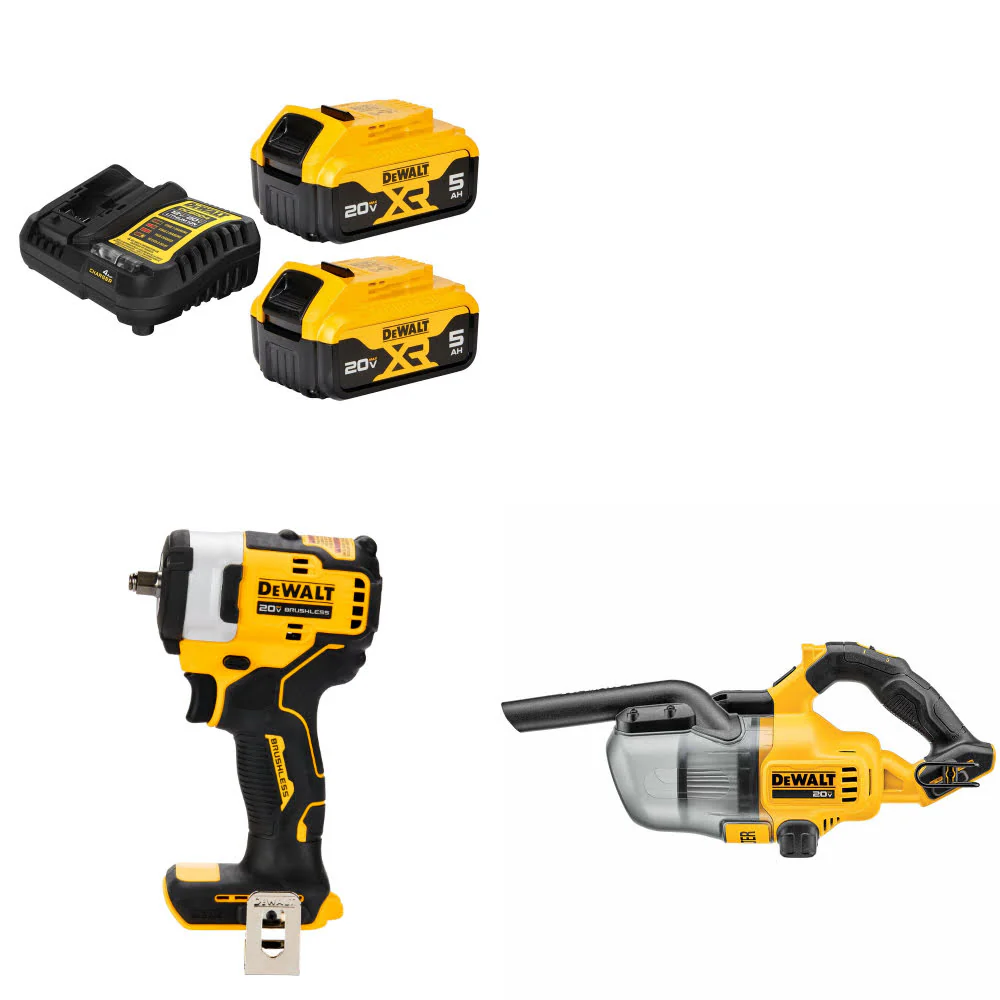 DeWalt DCB205-2C 20V Max Starter Kit W/ DCF913B 20V Impact Wrench & Vacuum, Bare