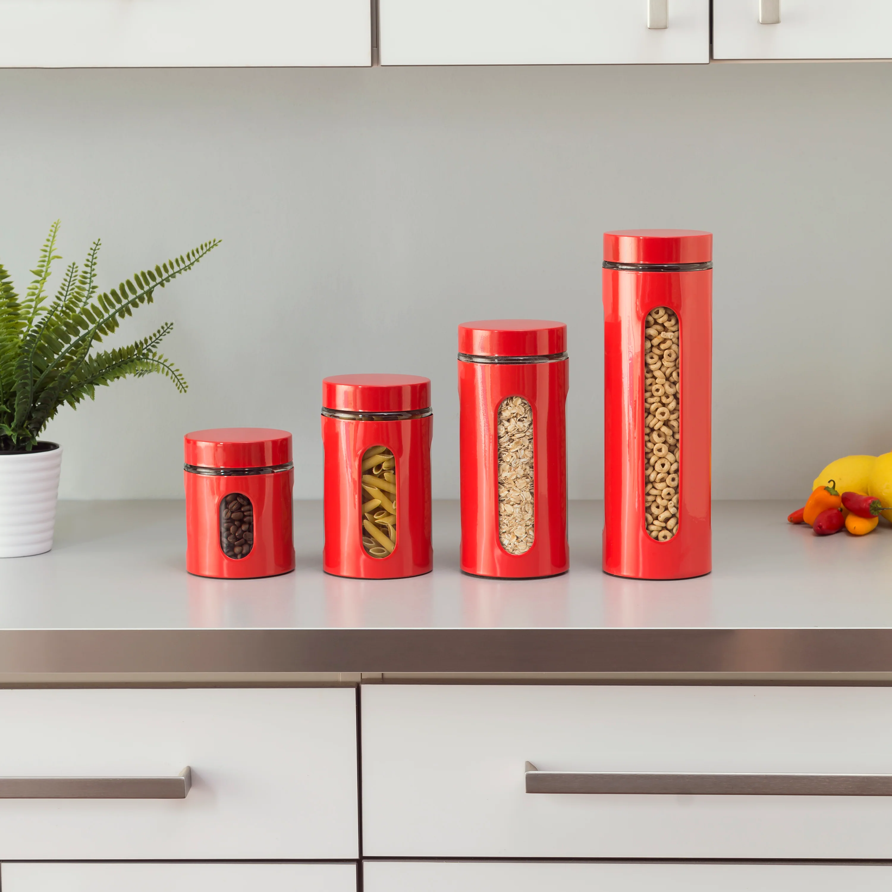 Home Basics 4 Piece Essence Collection Stainless Steel Canister Set, Red