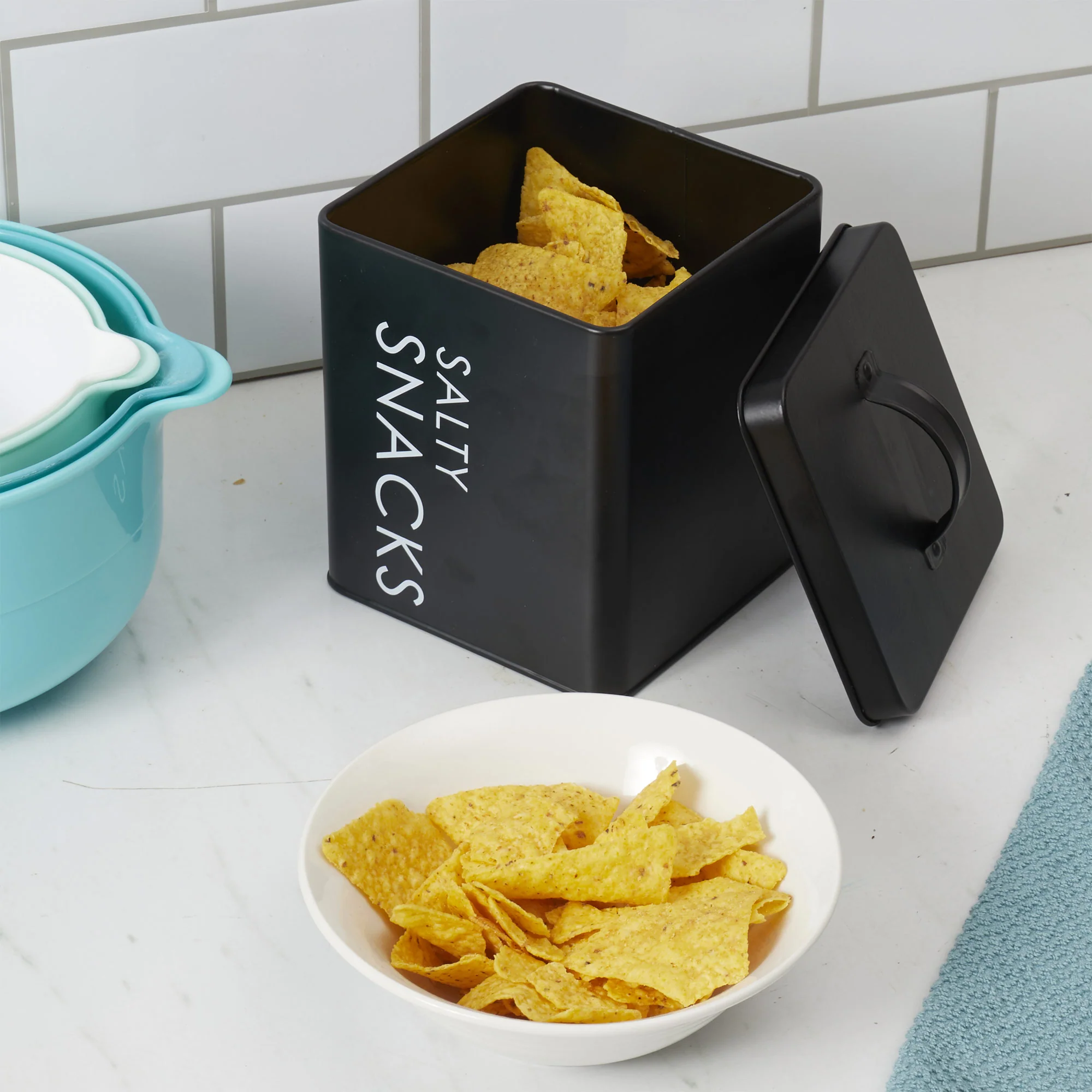 Home Basics Tin Canister, Salty Snacks, Large, Black, 5.5.x5.5x6.5 Inches
