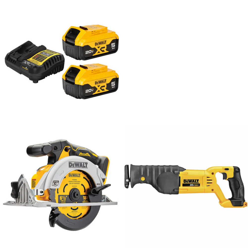 DeWalt DCB205-2C 20V MAX Starter Kit W/ DCS565B 20V 6-1/2 Circ Saw & Recip Saw