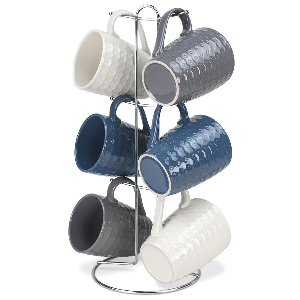 Home Basics 7-Piece Diamond Mug Stand Set 6-Mugs, Navy-Gray-White
