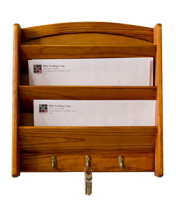 3-Tier Pine Letter Rack With Key Hooks - Natural