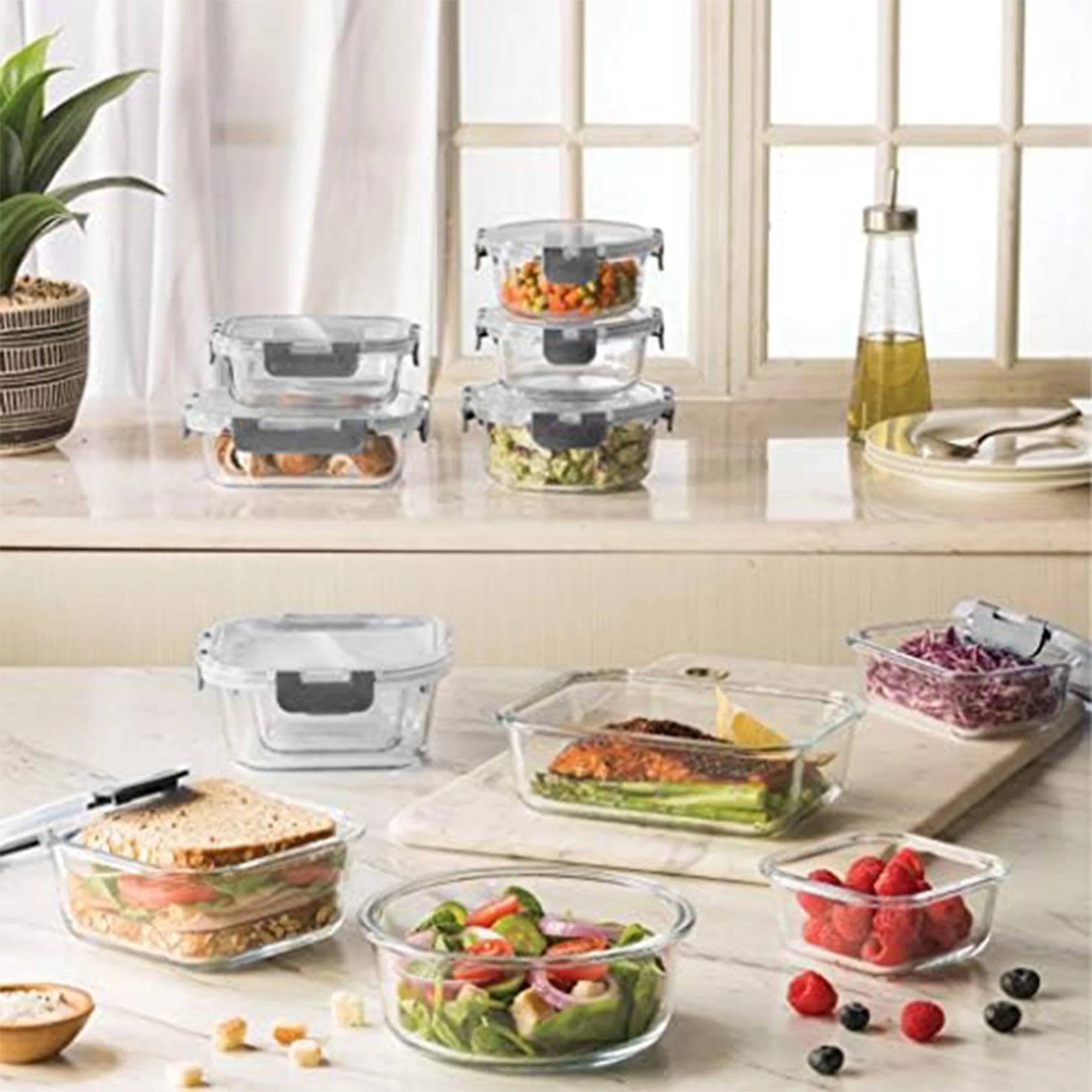 FineDine 24 Piece Glass Storage Containers with Lids, Gray